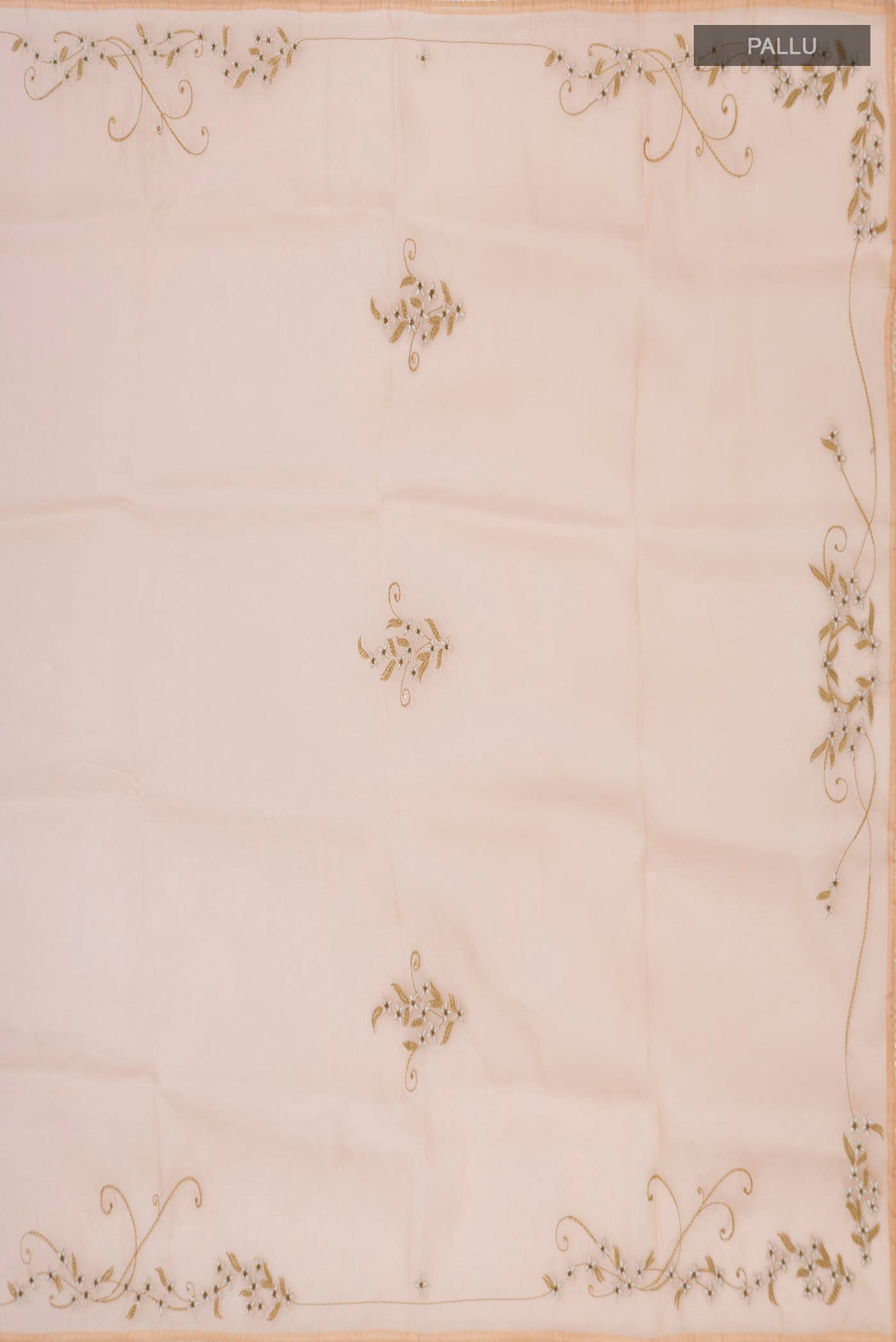 Close up image of the pallu of Sandal Organza Silk Saree with Plain Body and Embroidery Border