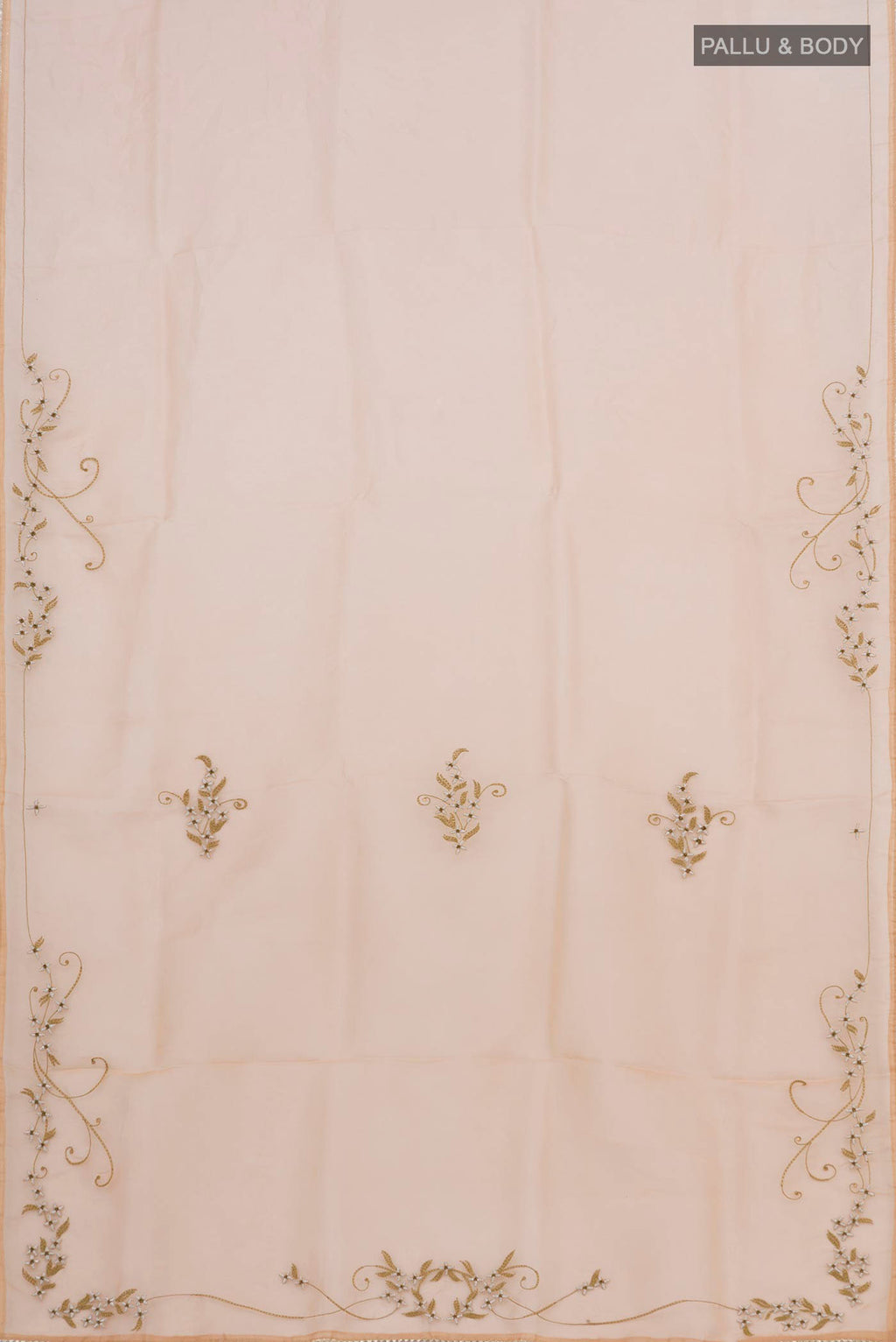 Flat view of Sandal Organza Silk Saree with Plain Body and Embroidery Border