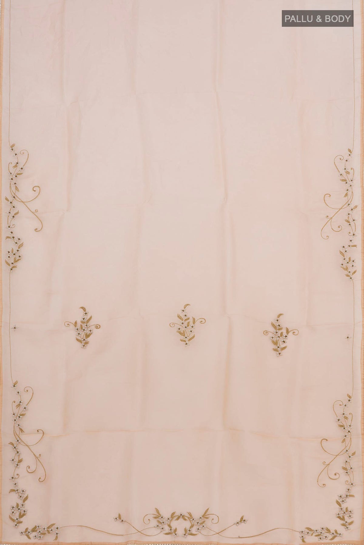 Flat view of Sandal Organza Silk Saree with Plain Body and Embroidery Border