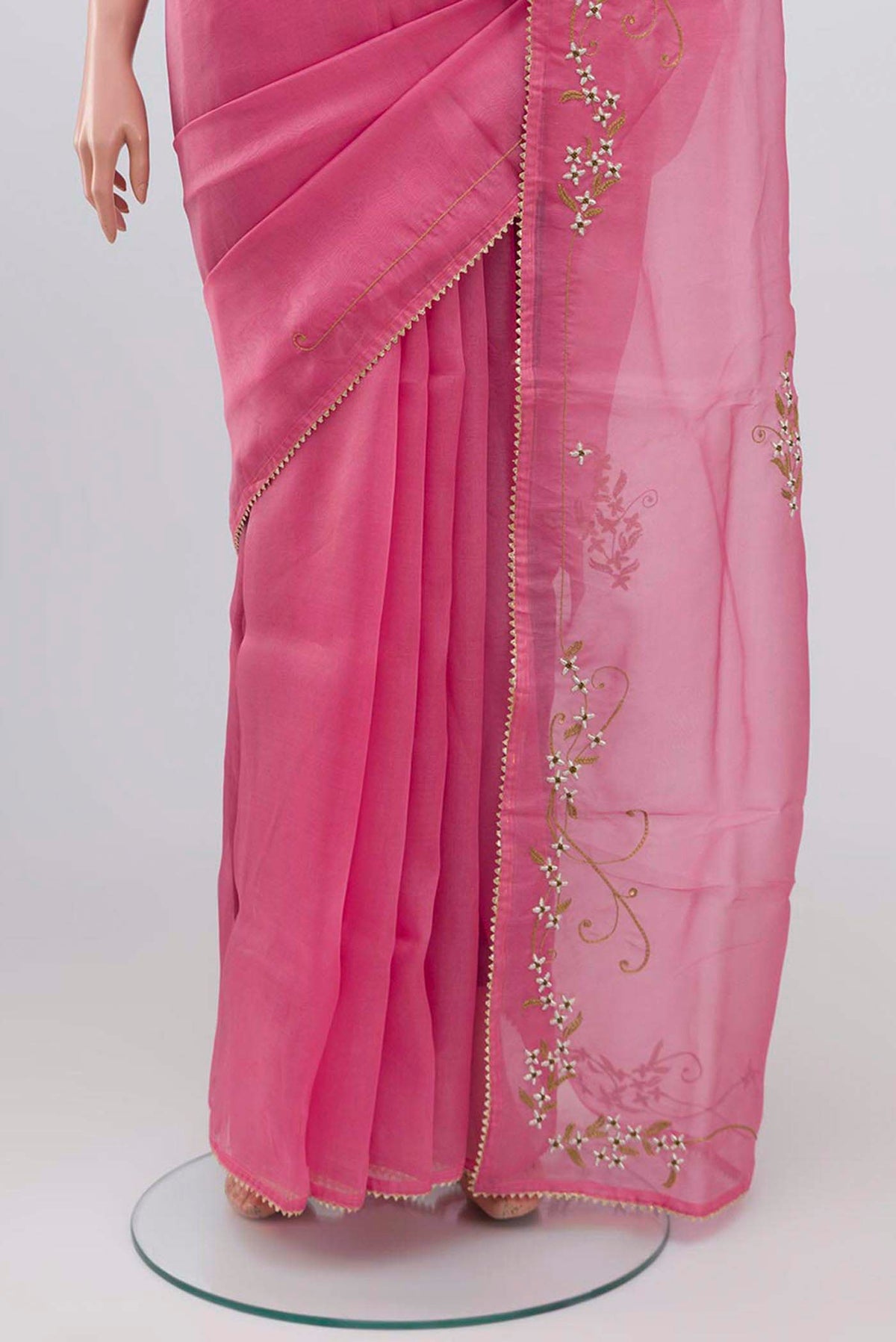 Border image of Pink Organza Silk Saree with Plain Body and Embroidery Border