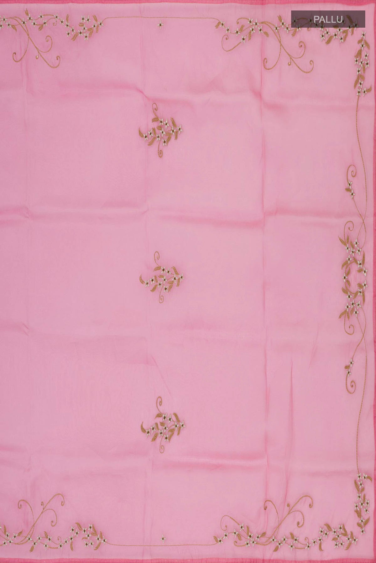 Close up image of the pallu of Pink Organza Silk Saree with Plain Body and Embroidery Border