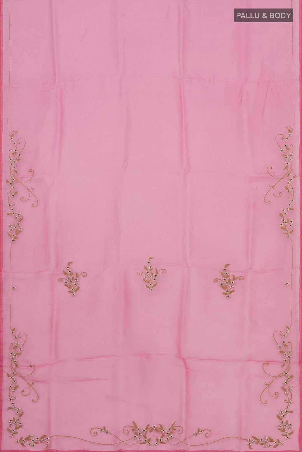 Flat view of Pink Organza Silk Saree with Plain Body and Embroidery Border