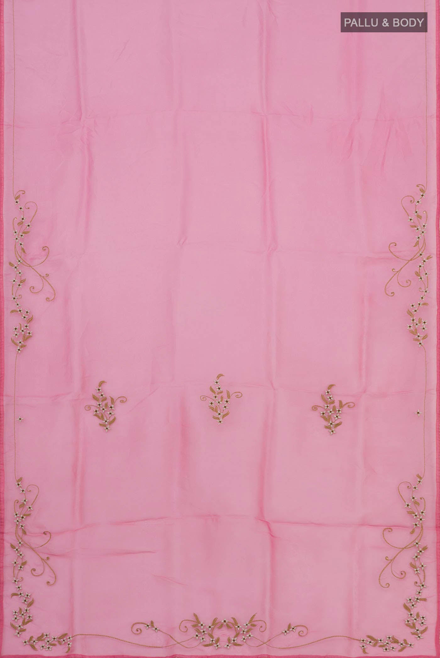Flat view of Pink Organza Silk Saree with Plain Body and Embroidery Border