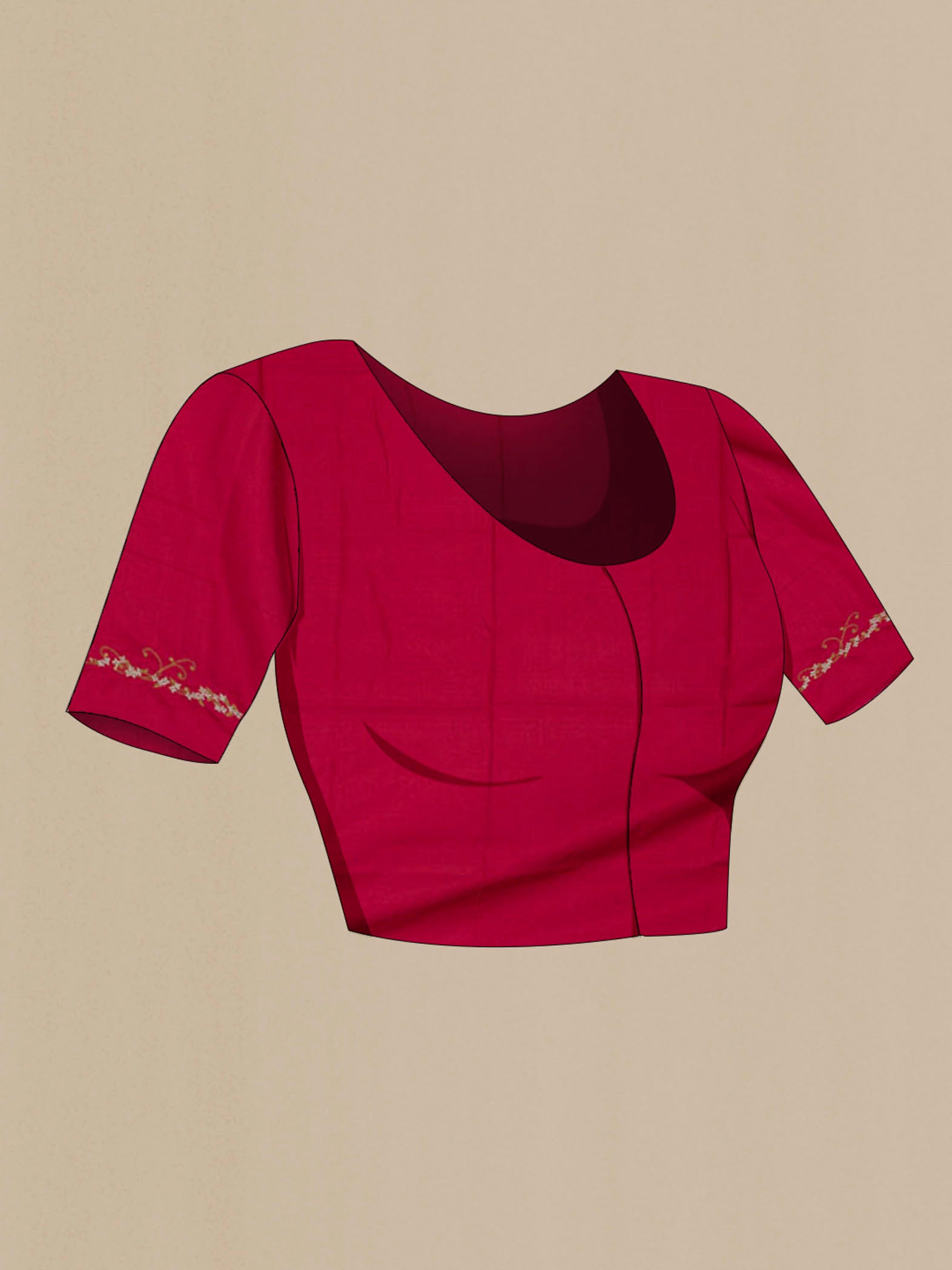 Close up image of the blouse of Maroon Organza Silk Saree with Plain Body and Embroidery Border