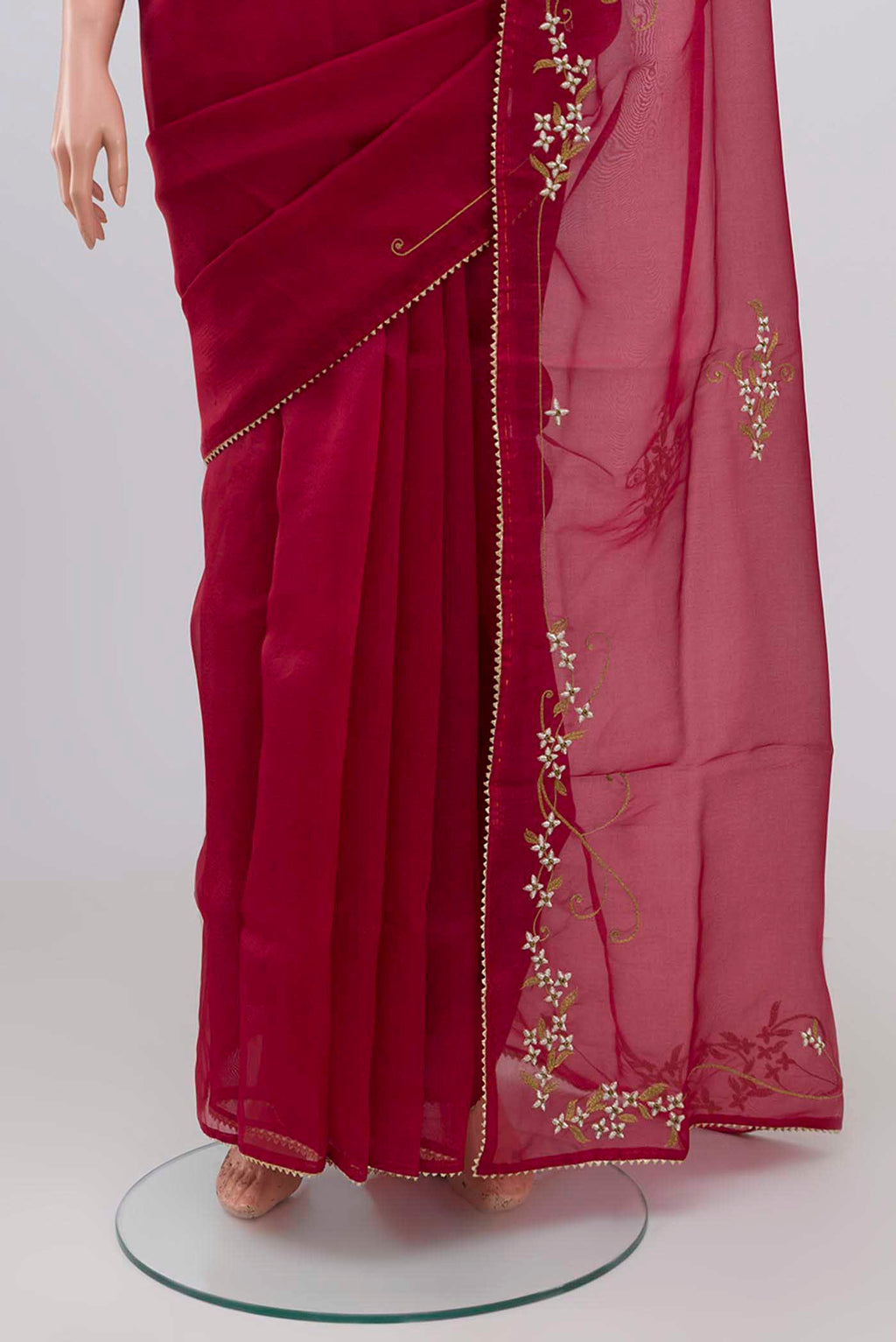 Border image of Maroon Organza Silk Saree with Plain Body and Embroidery Border