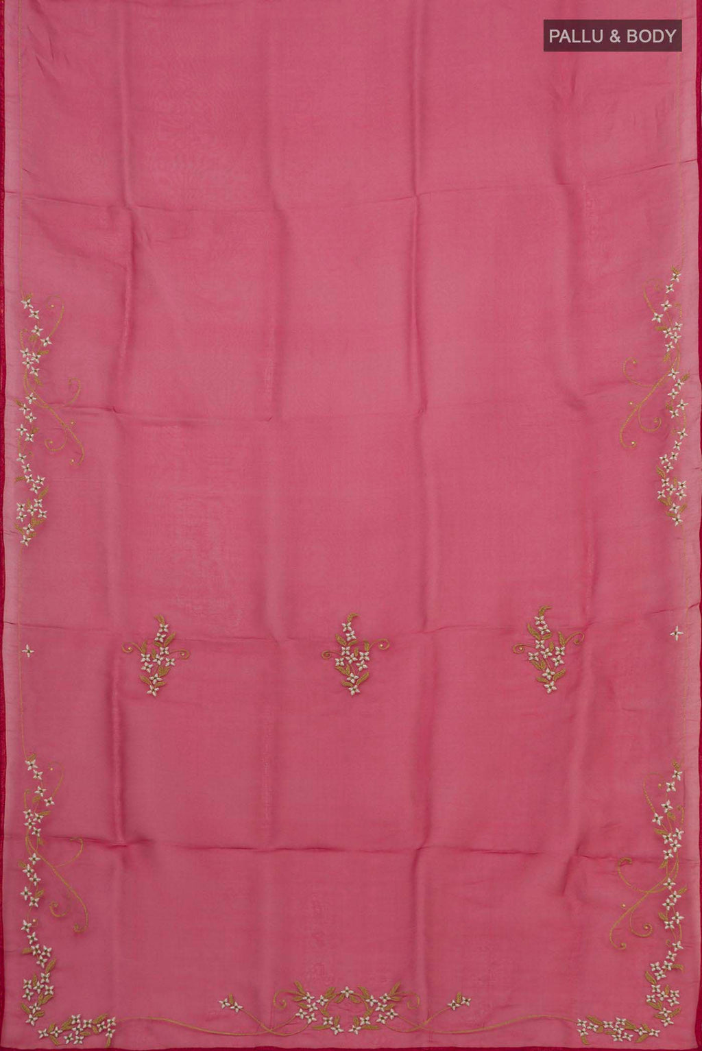 Flat view of Maroon Organza Silk Saree with Plain Body and Embroidery Border