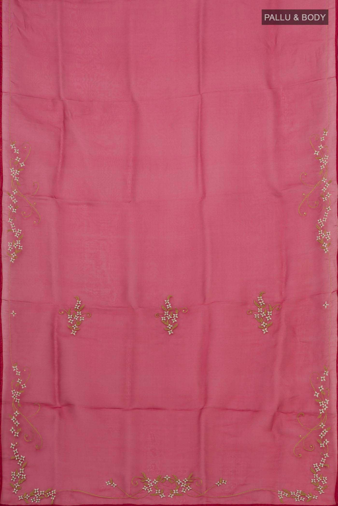 Flat view of Maroon Organza Silk Saree with Plain Body and Embroidery Border