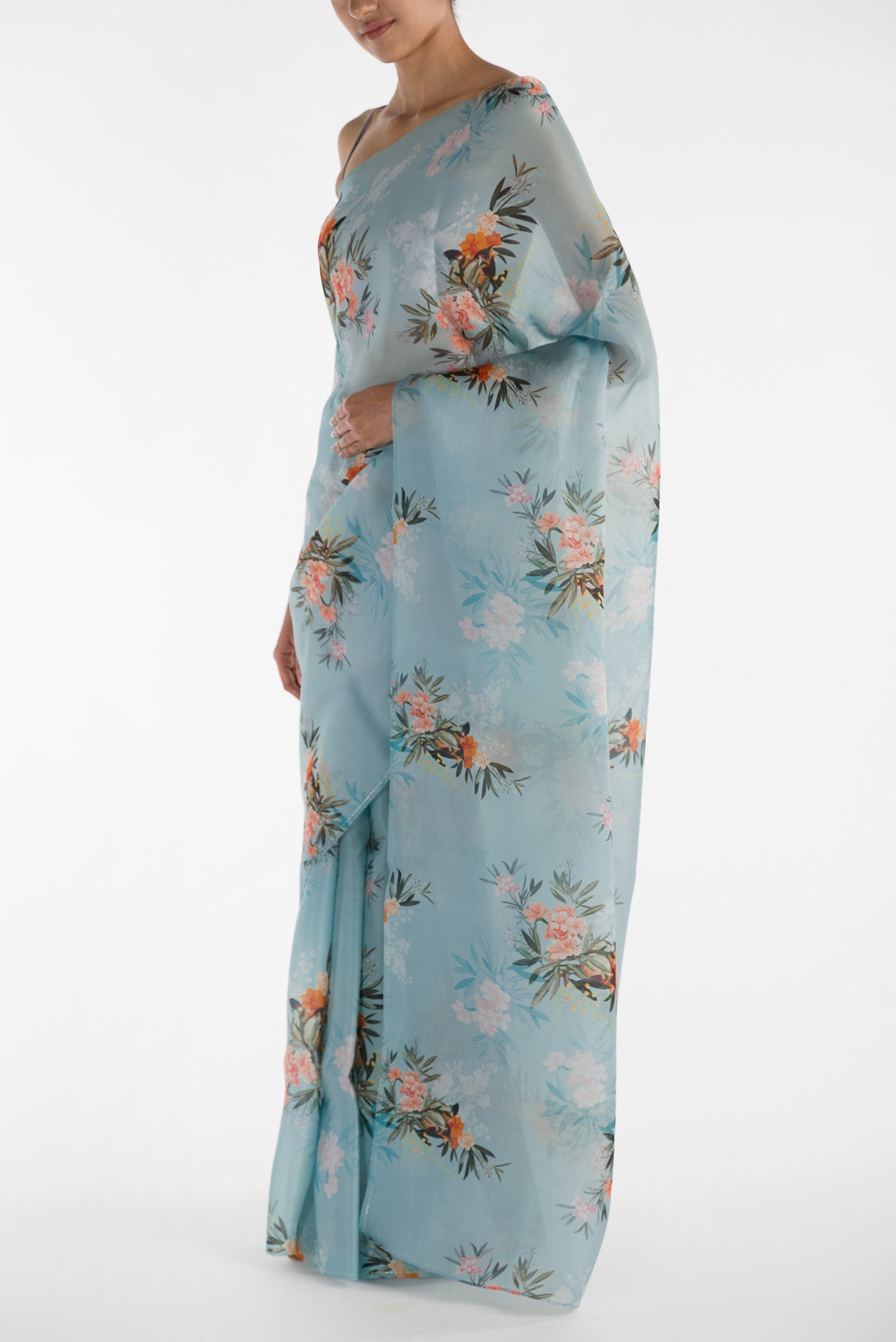 Close up image of the blouse of Blue Satin Organza Saree with Bird Print on the body and Without Border