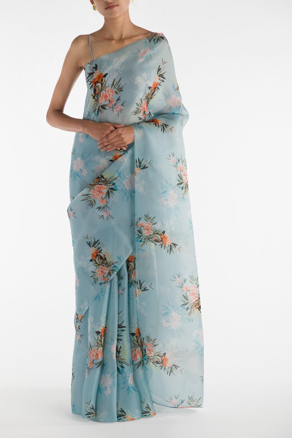 Blue Satin Organza Saree with Bird Print on the body and Without Border displayed on a mannequin