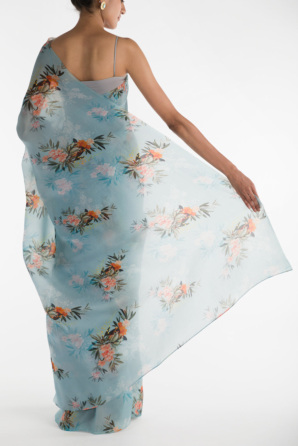 Pleats and pallu of Blue Satin Organza Saree with Bird Print on the body and Without Border