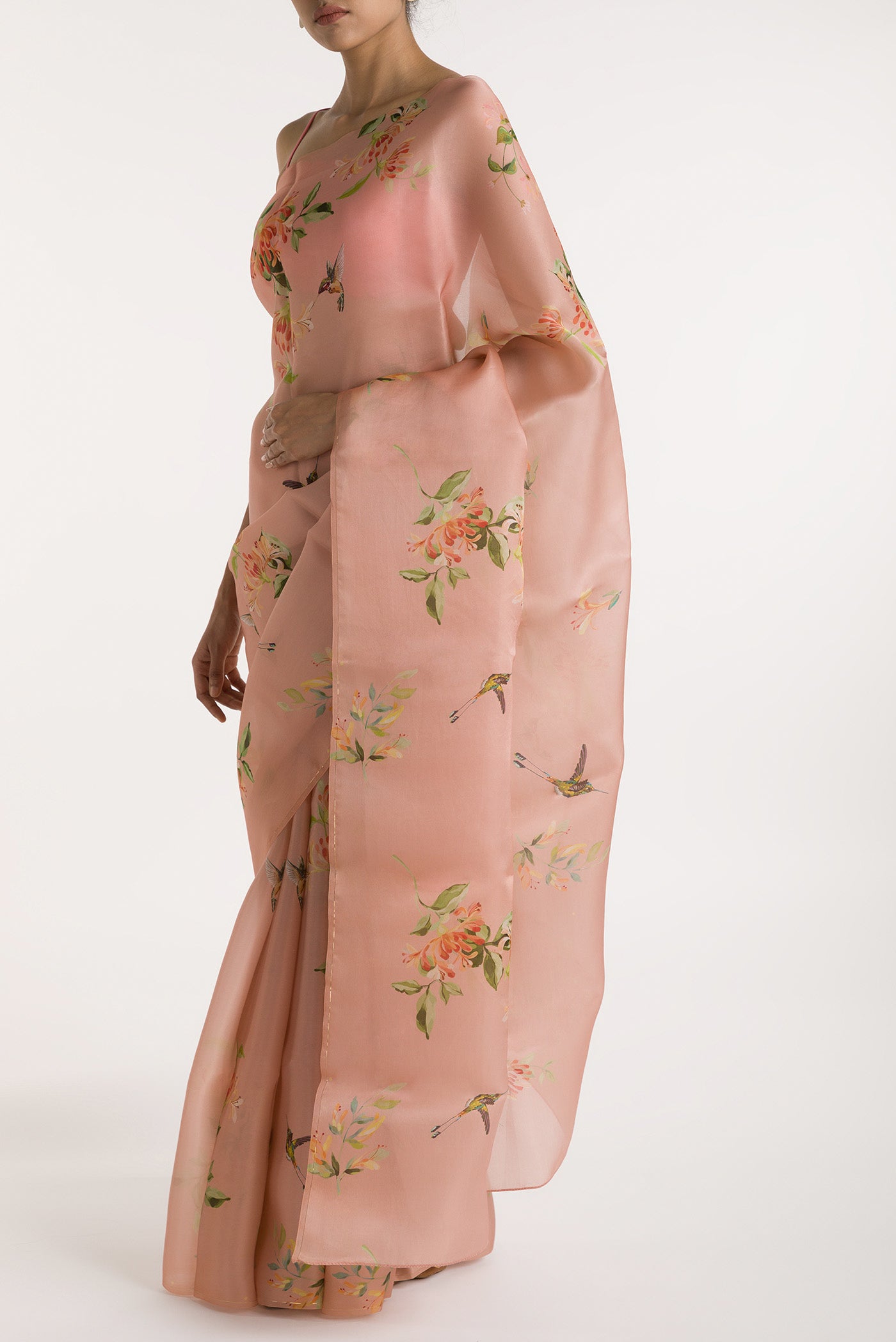 Close up image of the blouse of Pink Satin Organza Saree with Bird Print on the body and Without Border