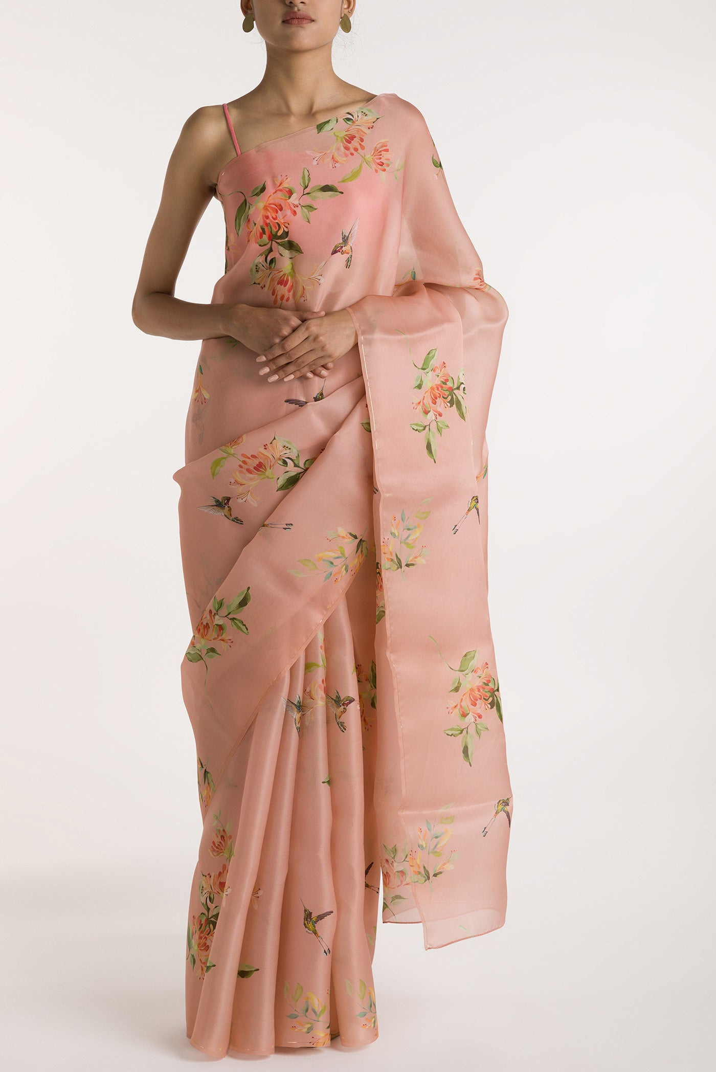 Pink Satin Organza Saree with Bird Print on the body and Without Border displayed on a mannequin