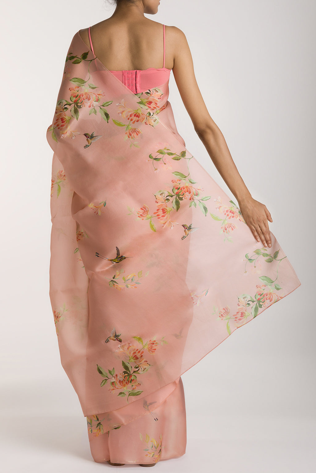 Pleats and pallu of Pink Satin Organza Saree with Bird Print on the body and Without Border