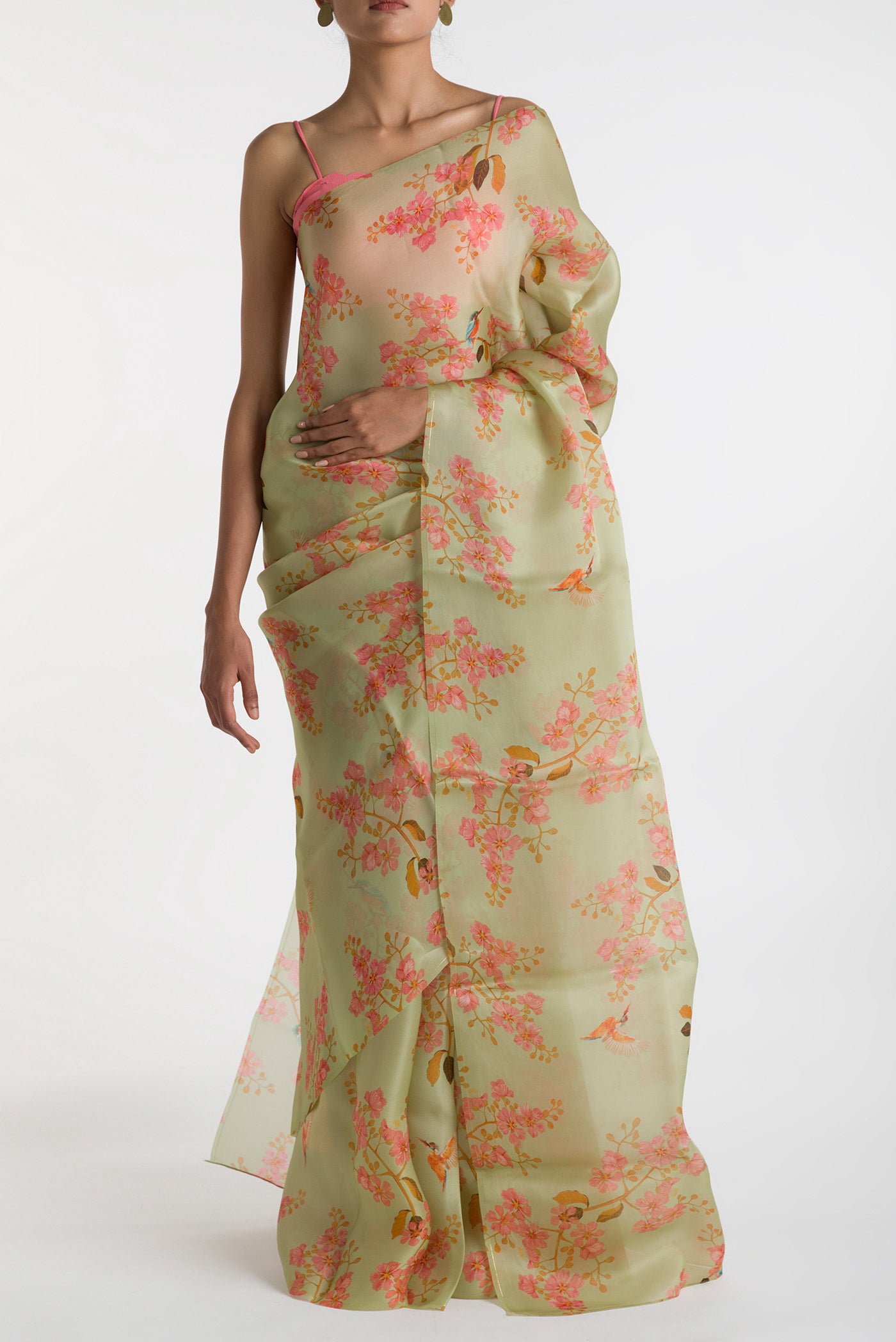 Green Satin Organza Saree with Bird Print on the body and Without Border displayed on a mannequin