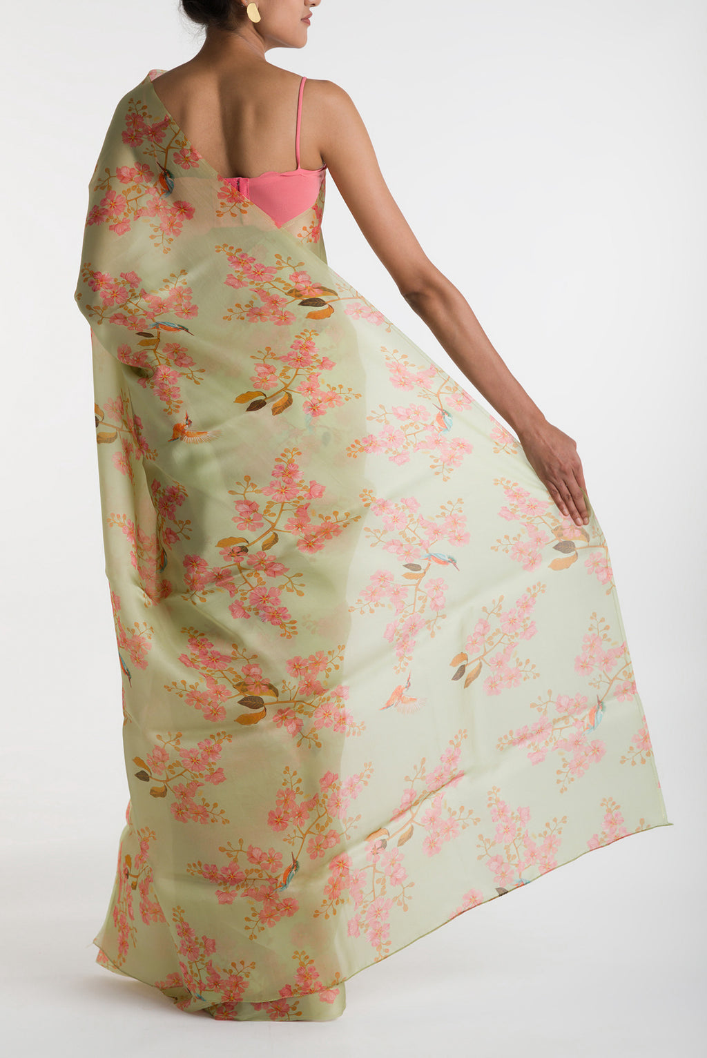 Pleats and pallu of Green Satin Organza Saree with Bird Print on the body and Without Border