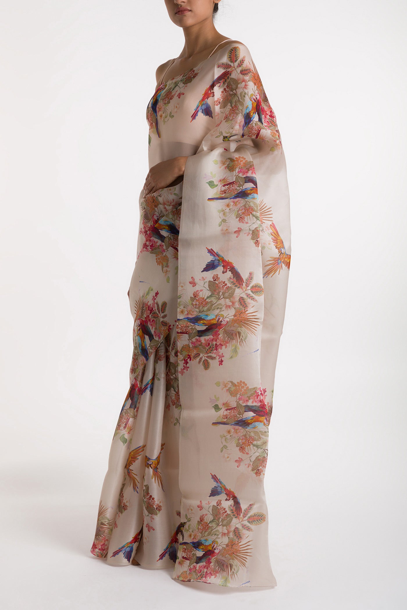 Close up image of the blouse of White Satin Organza Saree with Bird Print on the body and Without Border