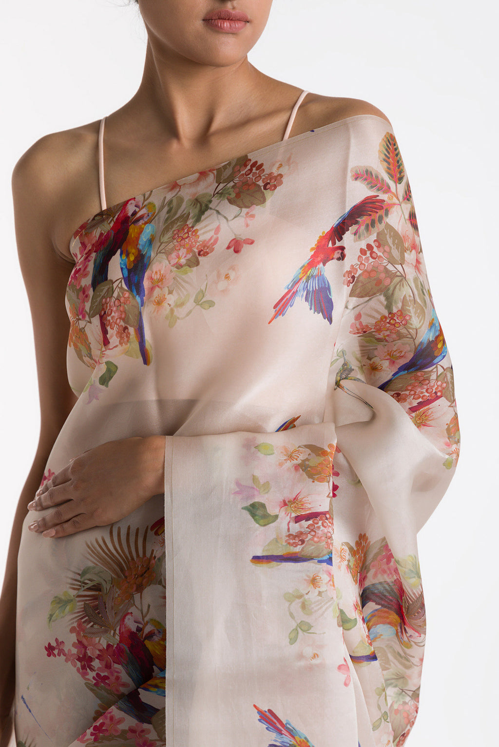 Close up of White Satin Organza Saree with Bird Print on the body and Without Border displaying folds