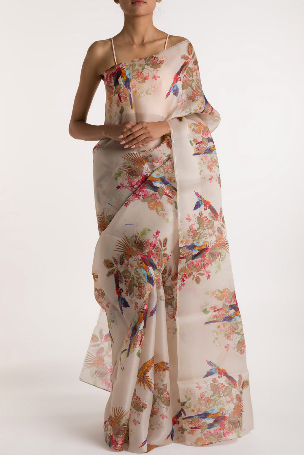 White Satin Organza Saree with Bird Print on the body and Without Border displayed on a mannequin