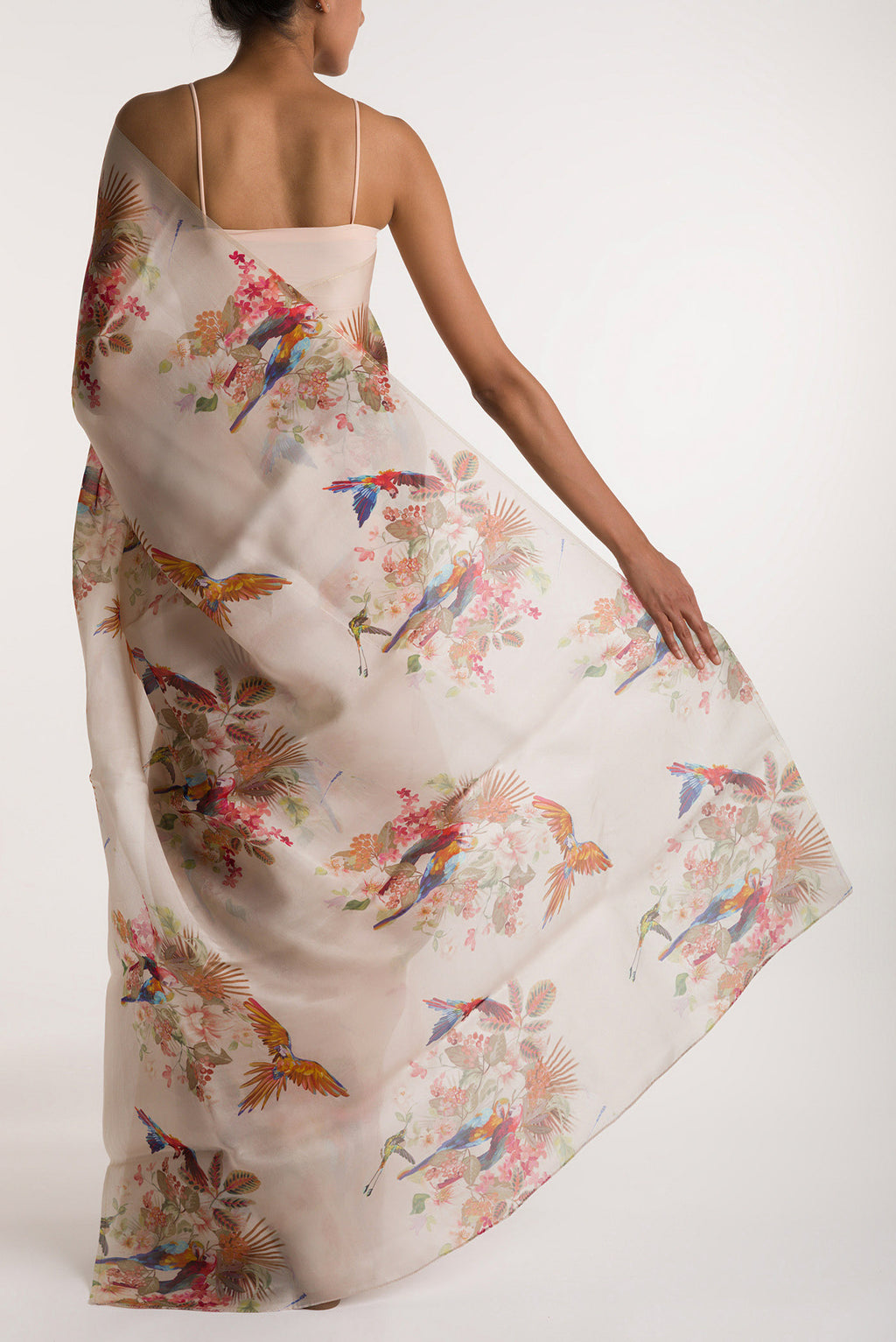 Pleats and pallu of White Satin Organza Saree with Bird Print on the body and Without Border