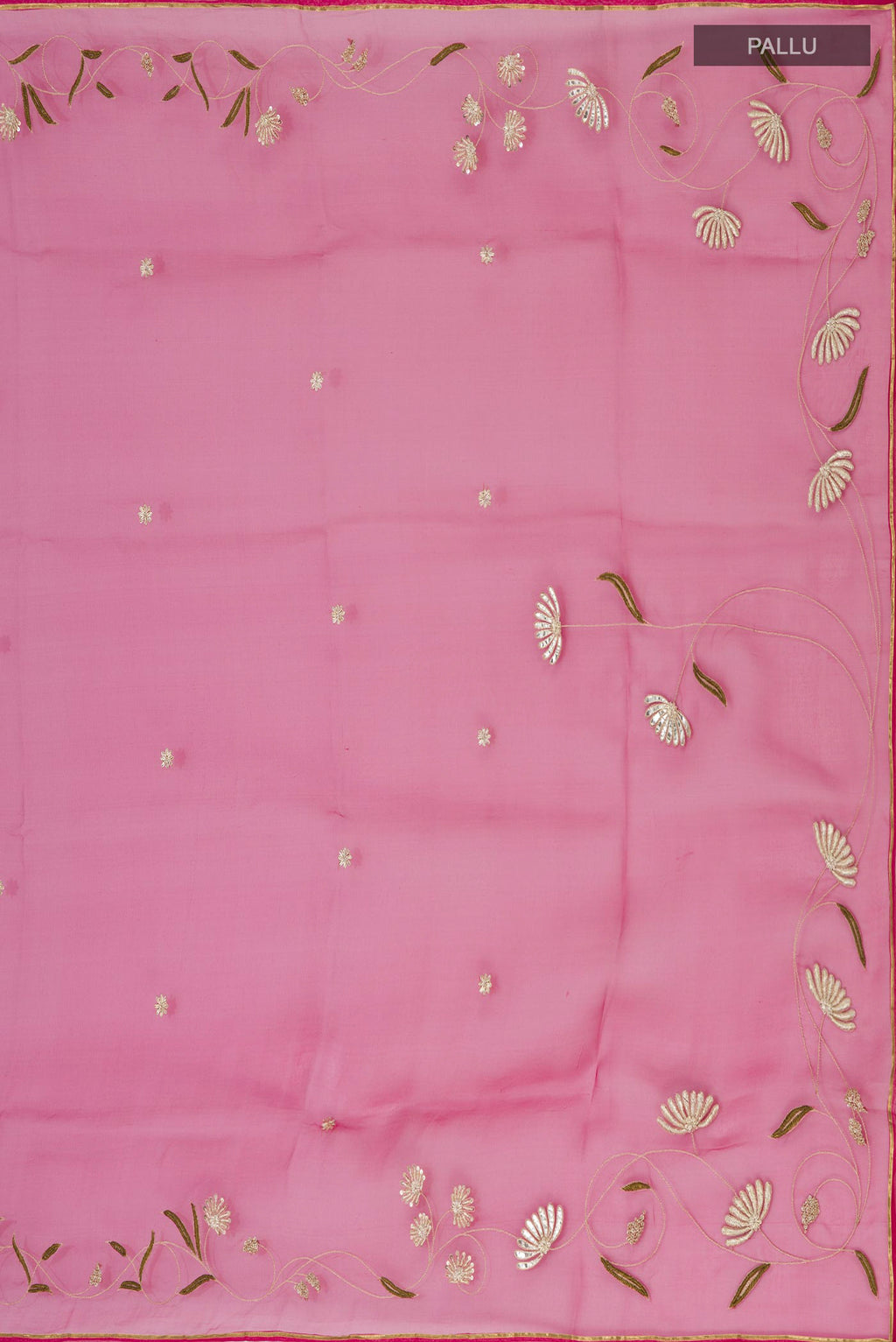 Close up image of the pallu of Pink Organza Silk Saree with Embroidery on the body and Embroidery Border