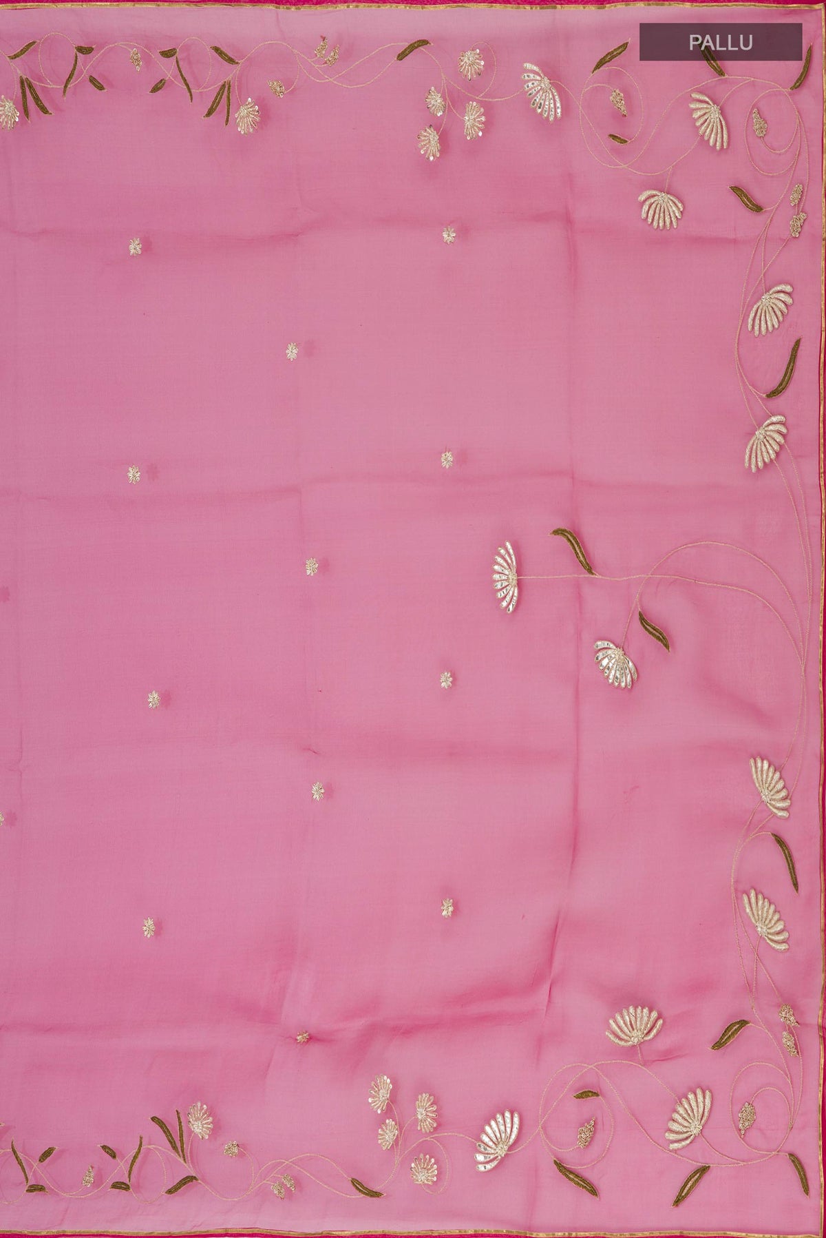 Close up image of the pallu of Pink Organza Silk Saree with Embroidery on the body and Embroidery Border