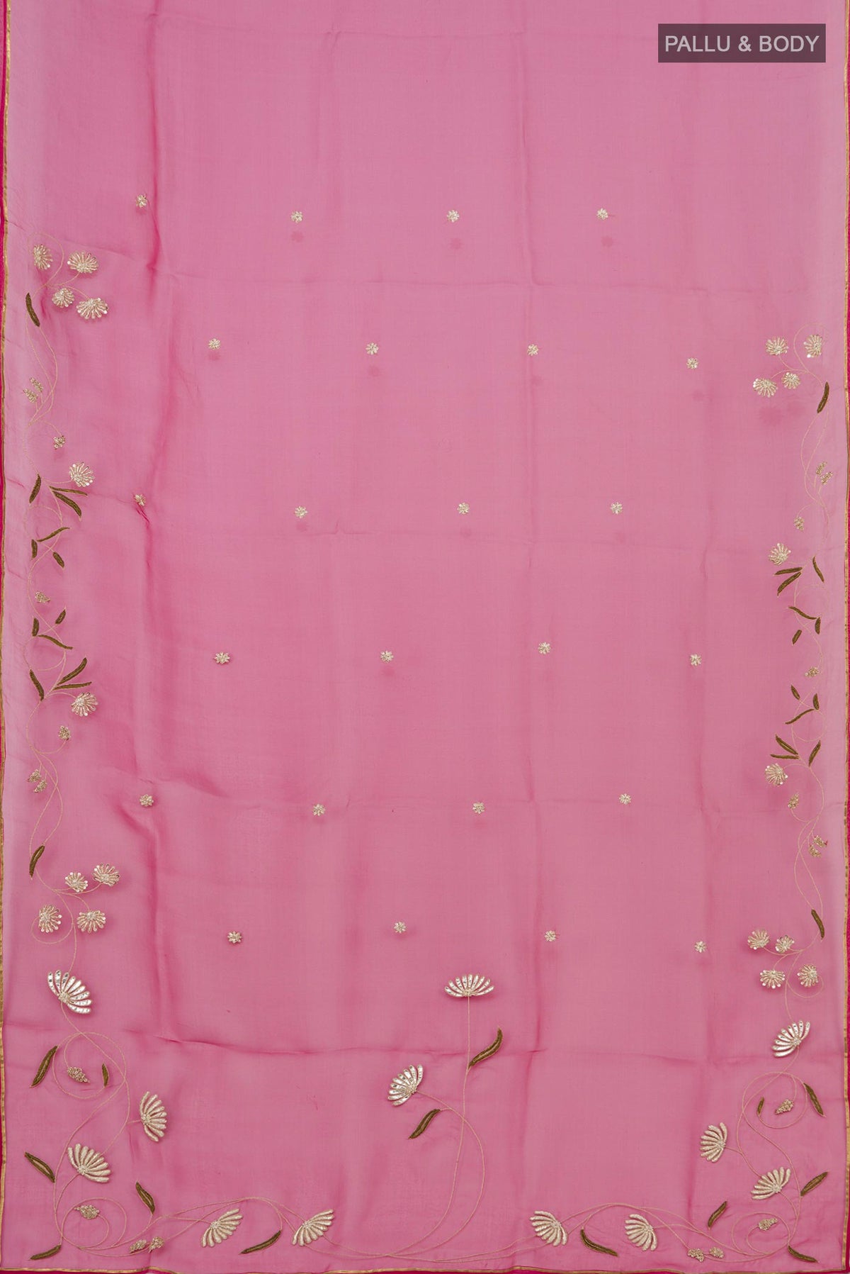 Flat view of Pink Organza Silk Saree with Embroidery on the body and Embroidery Border