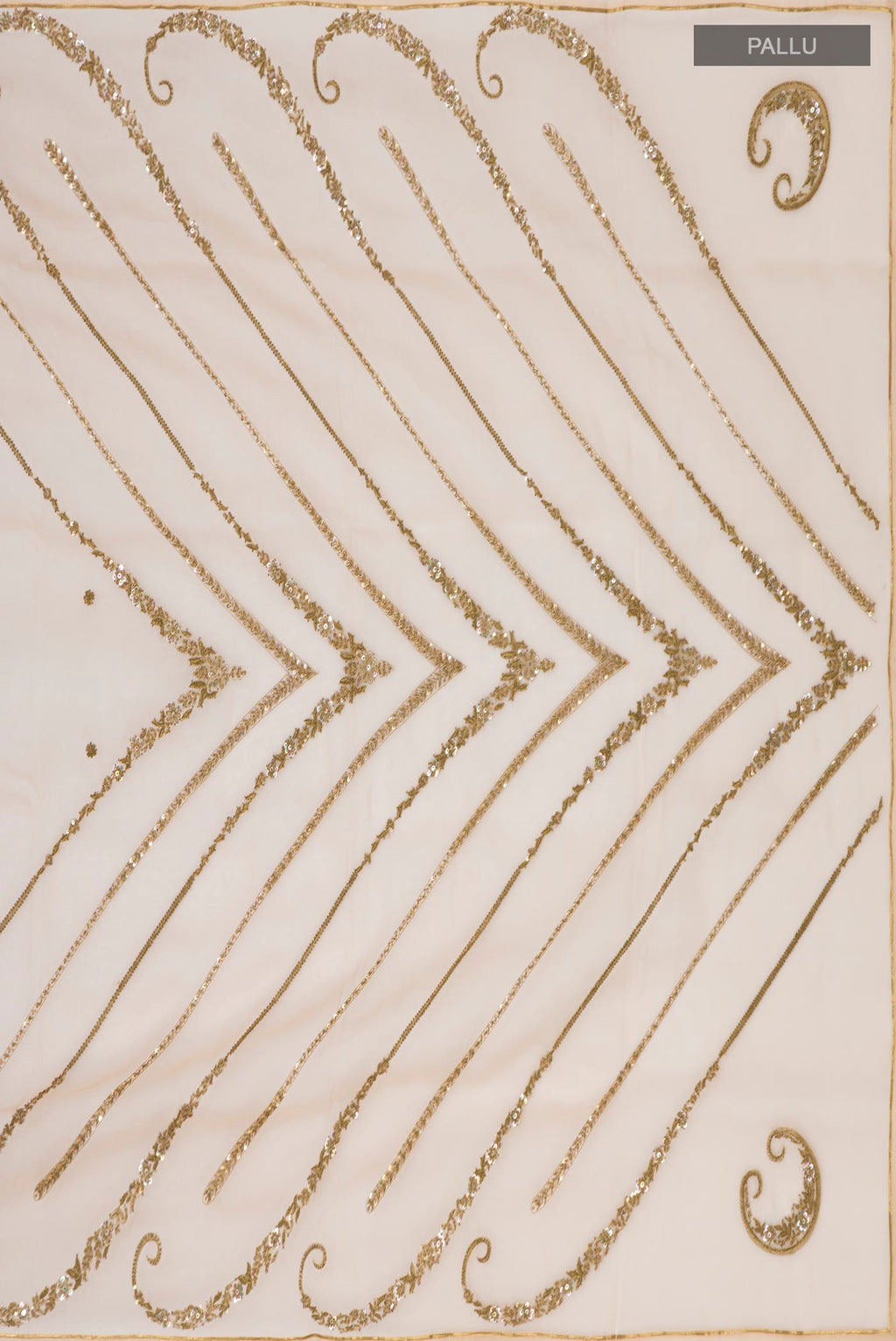 Close up image of the pallu of Beige Organza Silk Saree with Embroidery on the body and Embroidery Border