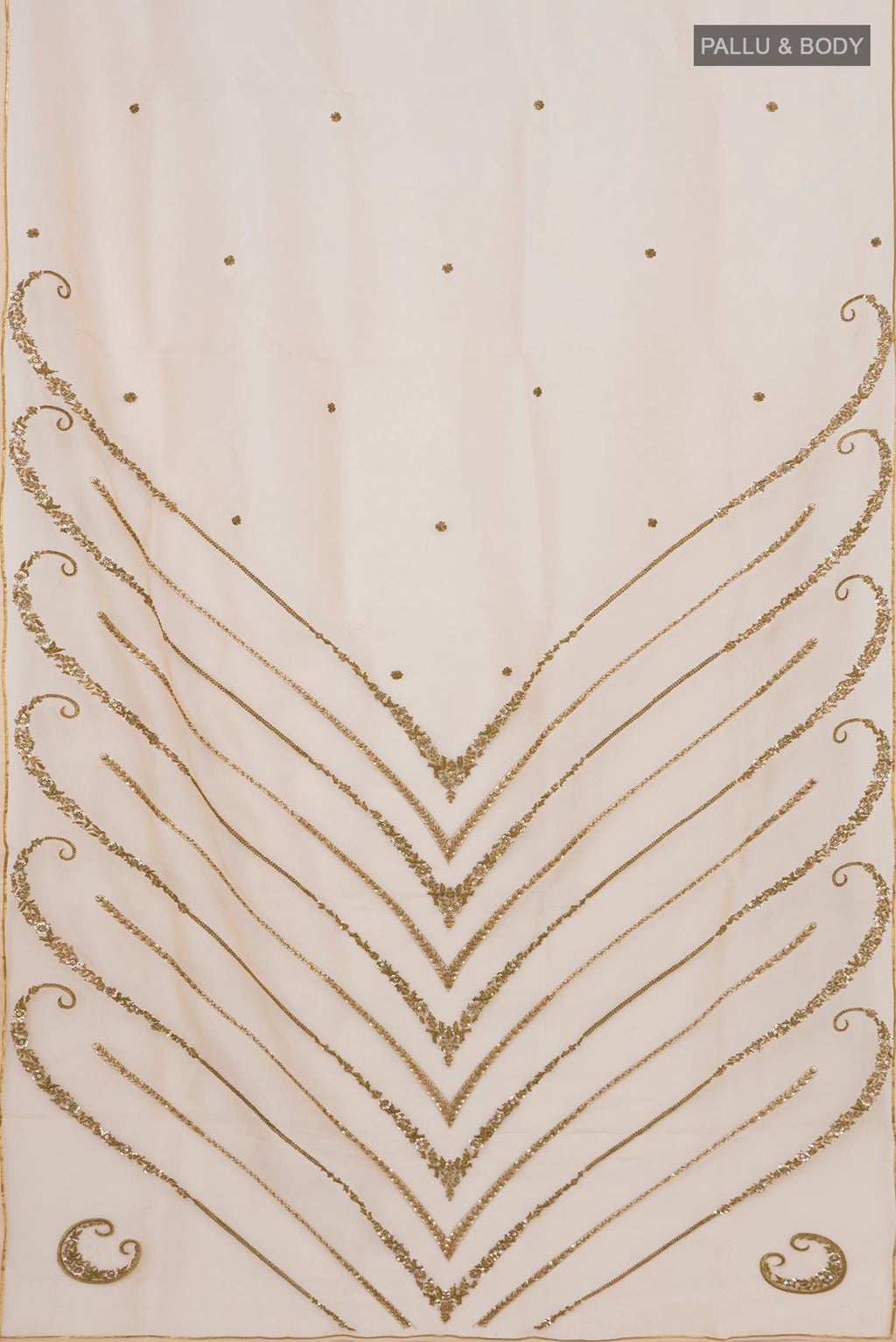 Flat view of Beige Organza Silk Saree with Embroidery on the body and Embroidery Border