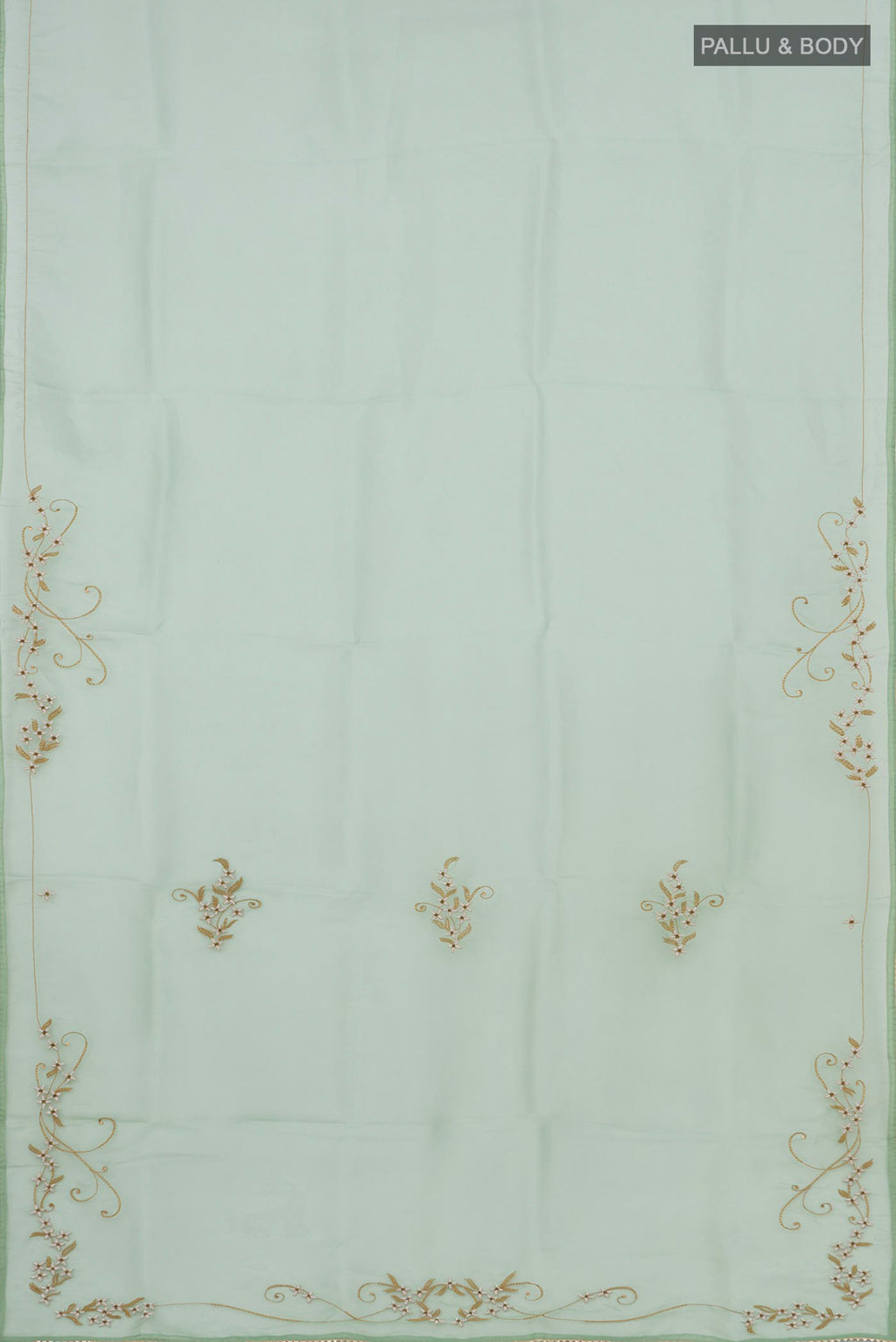 Flat view of Green Organza Silk Saree with Embroidery on the body and Embroidery Border