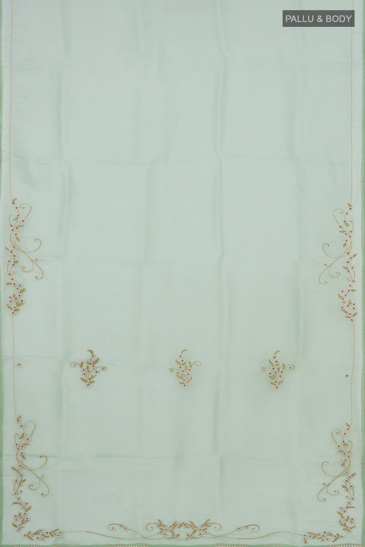 Flat view of Green Organza Silk Saree with Embroidery on the body and Embroidery Border