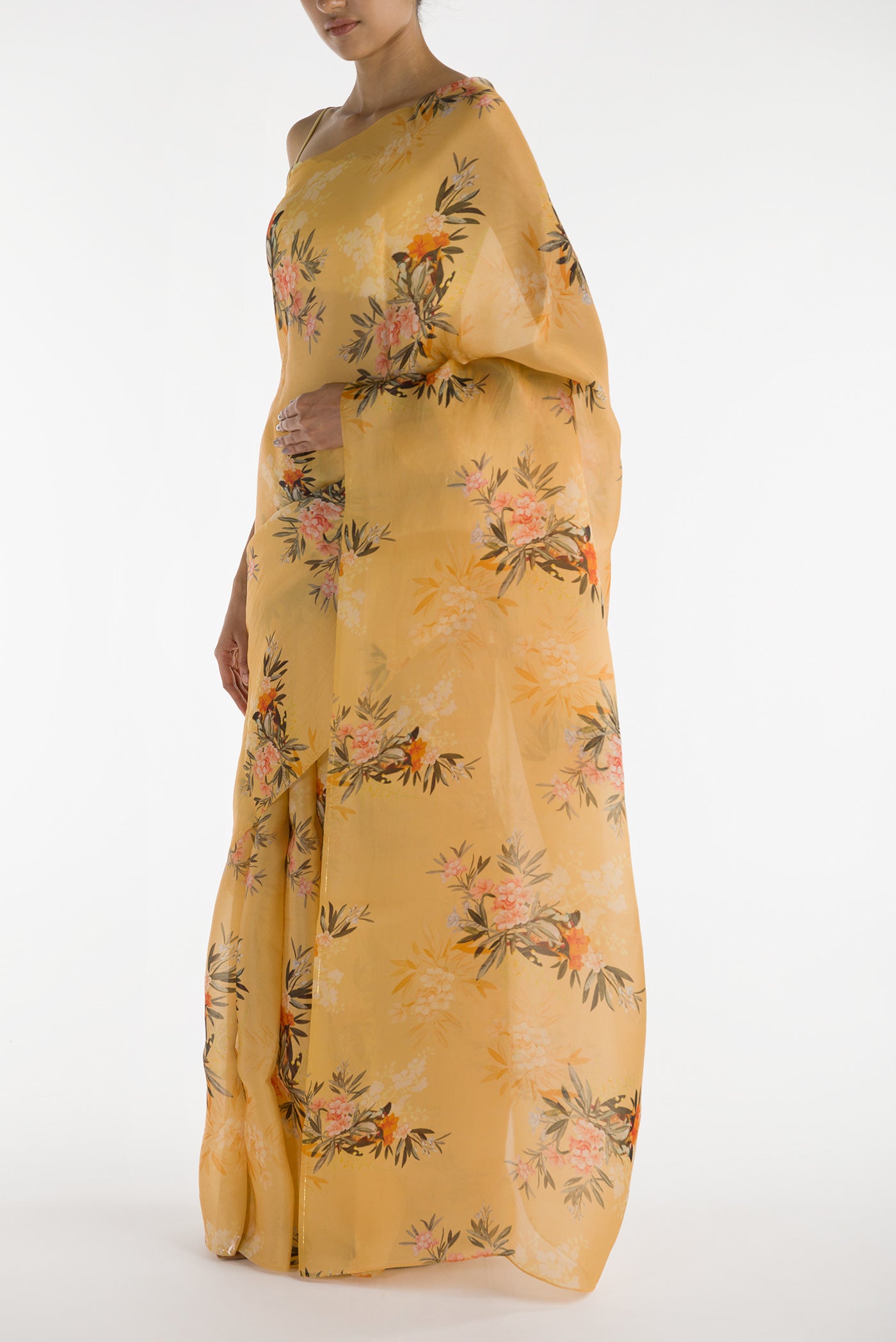 Close up image of the blouse of Yellow Satin Organza Saree with Bird Print on the body and Without Border