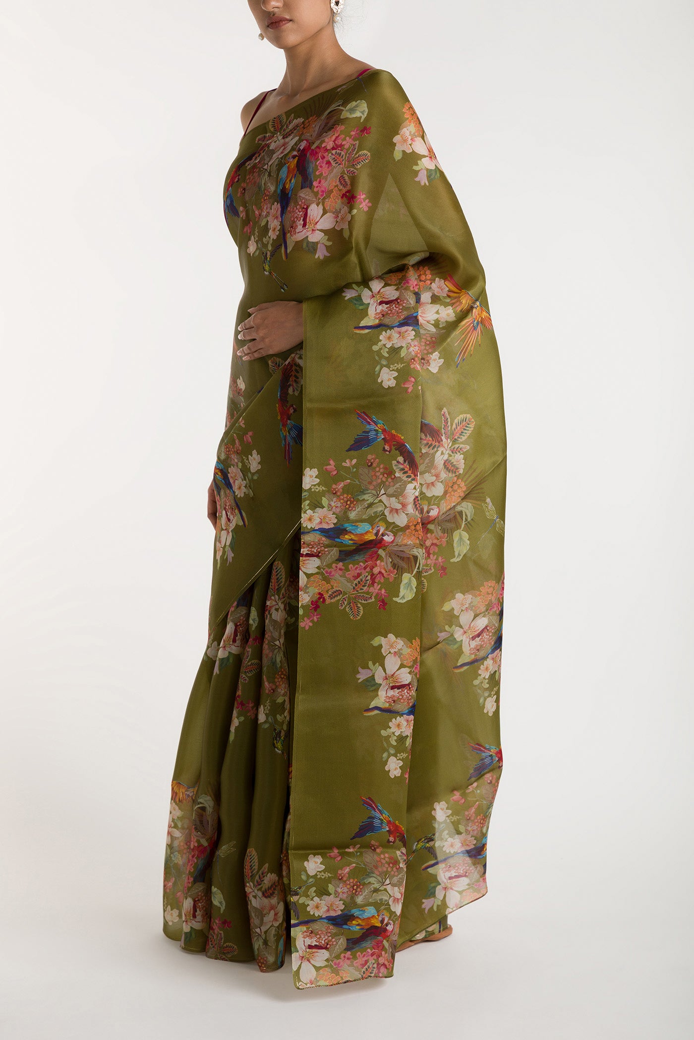 Close up image of the blouse of Olive Green Satin Organza Saree with Bird Print on the body and Without Border