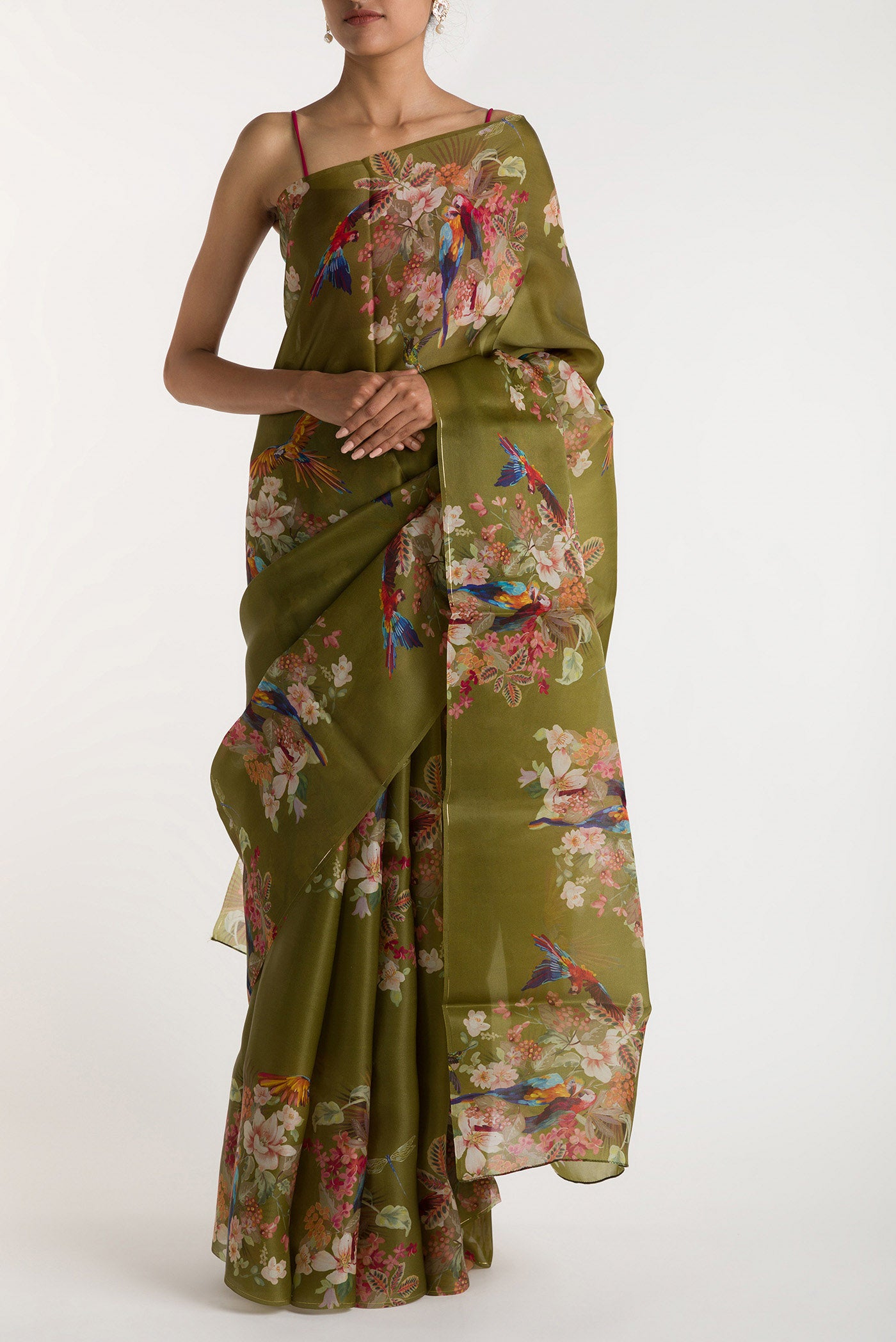 Olive Green Satin Organza Saree with Bird Print on the body and Without Border displayed on a mannequin