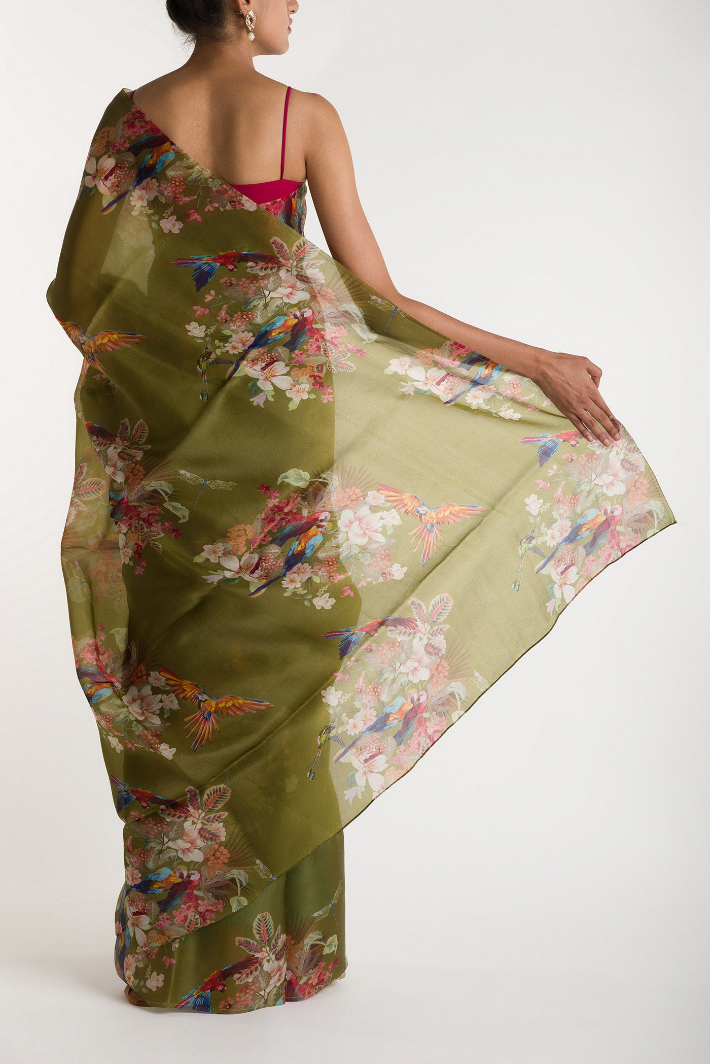 Pleats and pallu of Olive Green Satin Organza Saree with Bird Print on the body and Without Border