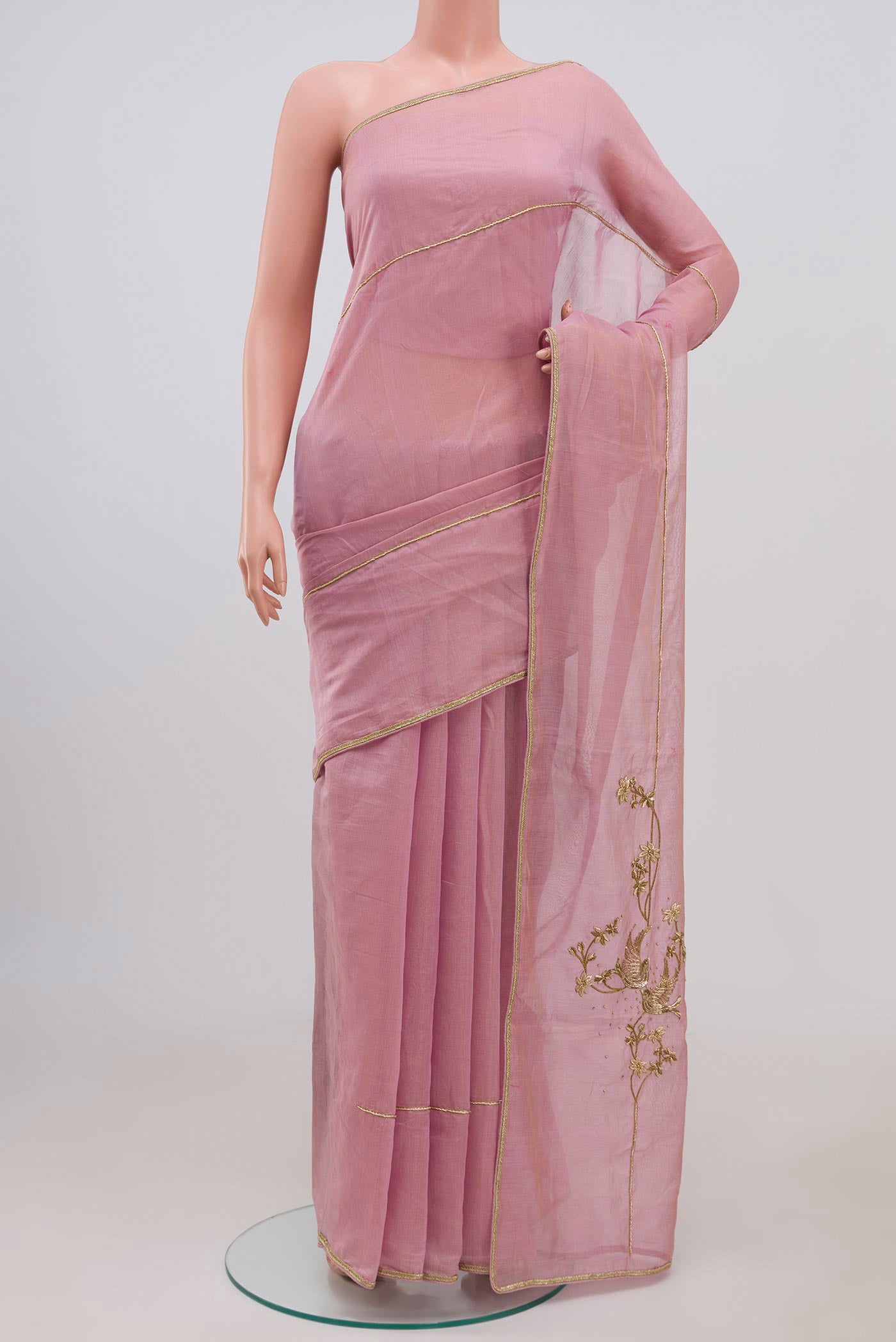 Pink Silk Cotton Saree with Embroidery on the body and Embroidery Border displayed on a mannequin