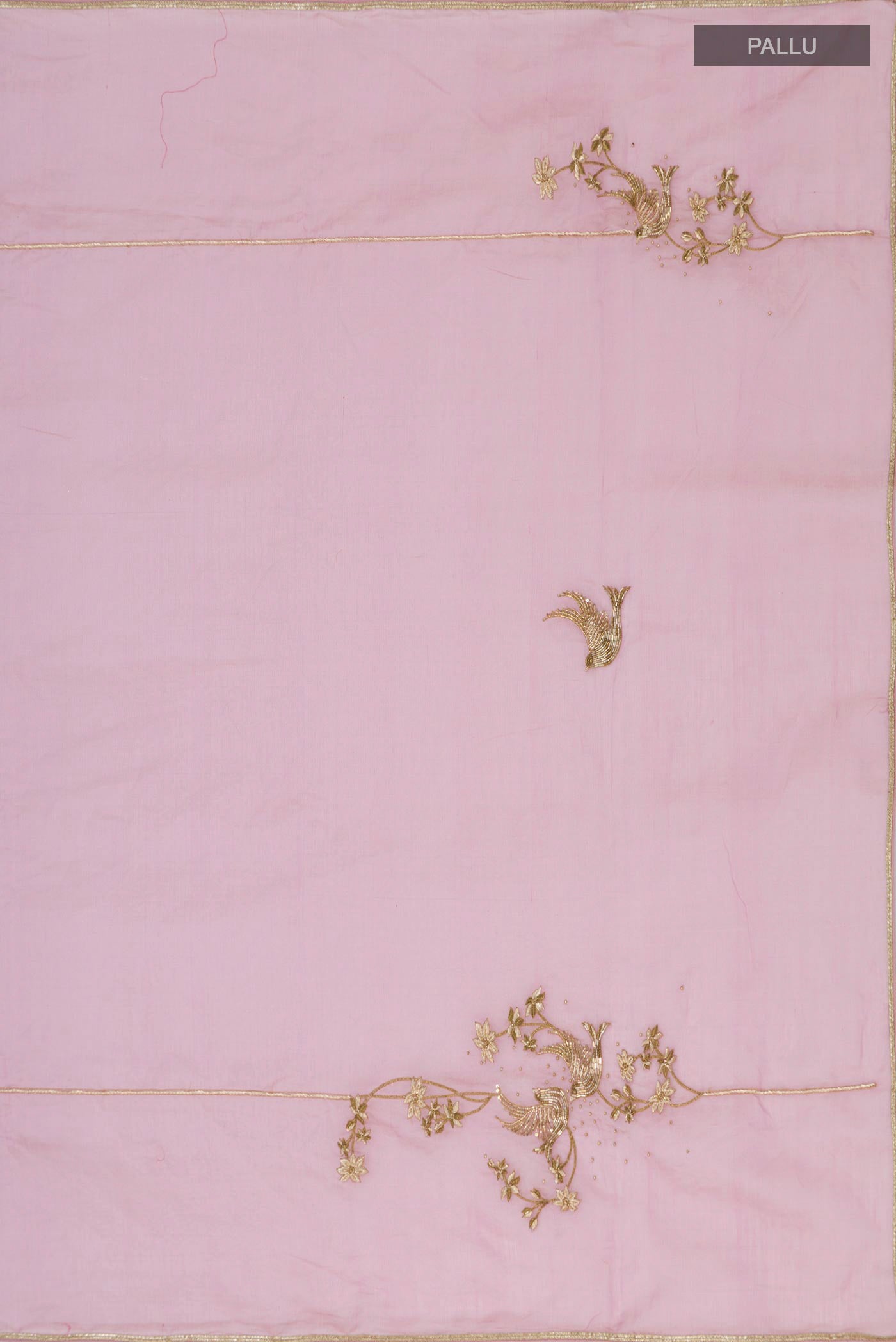 Close up image of the pallu of Pink Silk Cotton Saree with Embroidery on the body and Embroidery Border