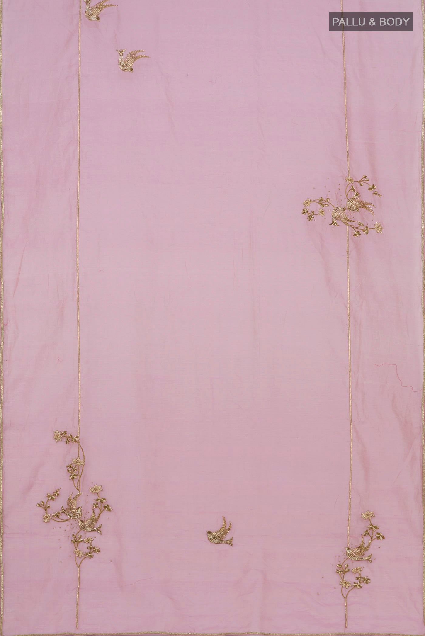 Flat view of Pink Silk Cotton Saree with Embroidery on the body and Embroidery Border