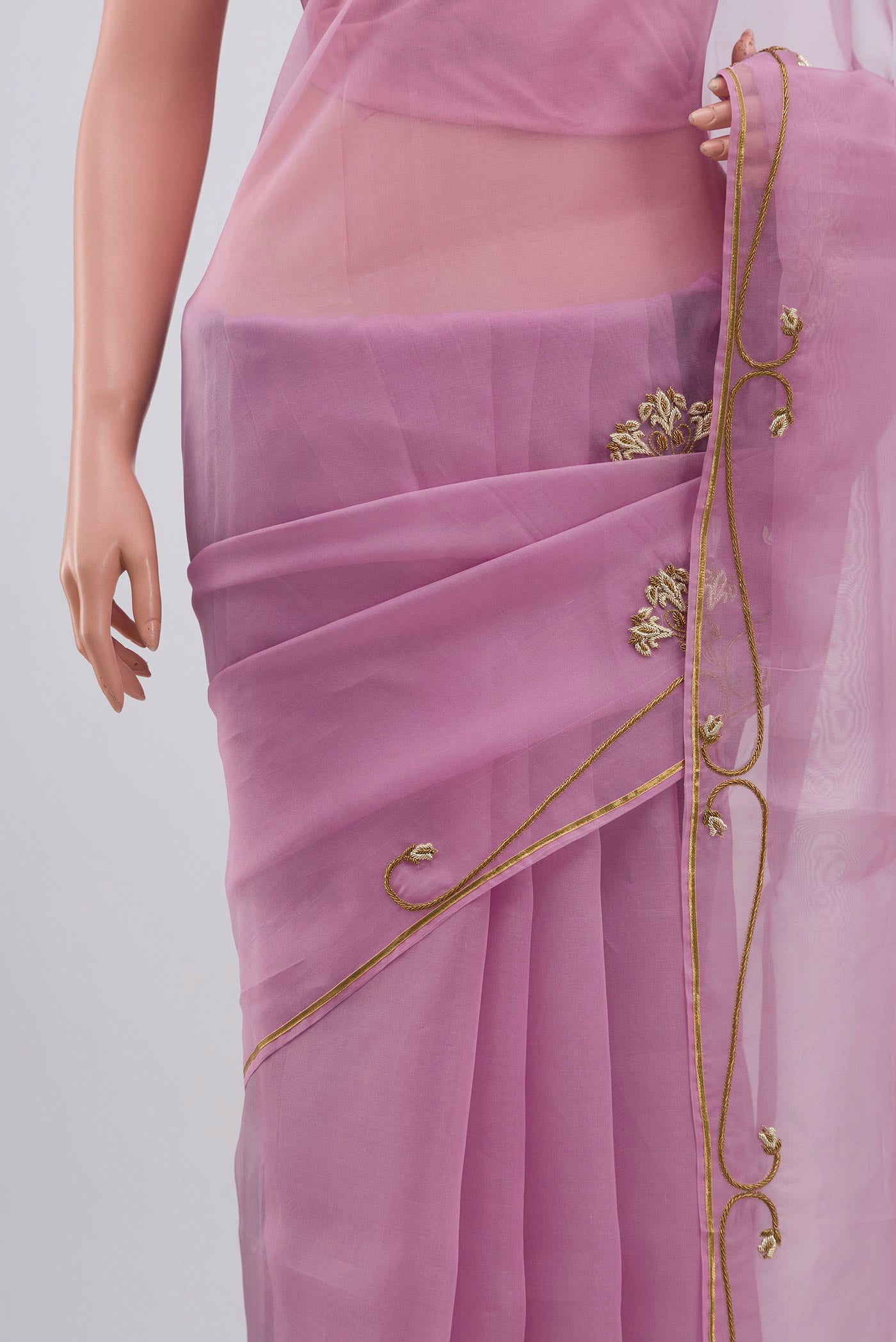 Border image of Pink Organza Silk Saree with Embroidery on the body and Embroidery Border