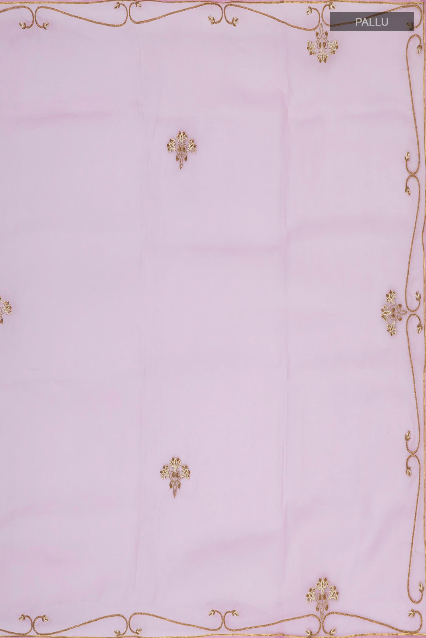 Close up image of the pallu of Pink Organza Silk Saree with Embroidery on the body and Embroidery Border