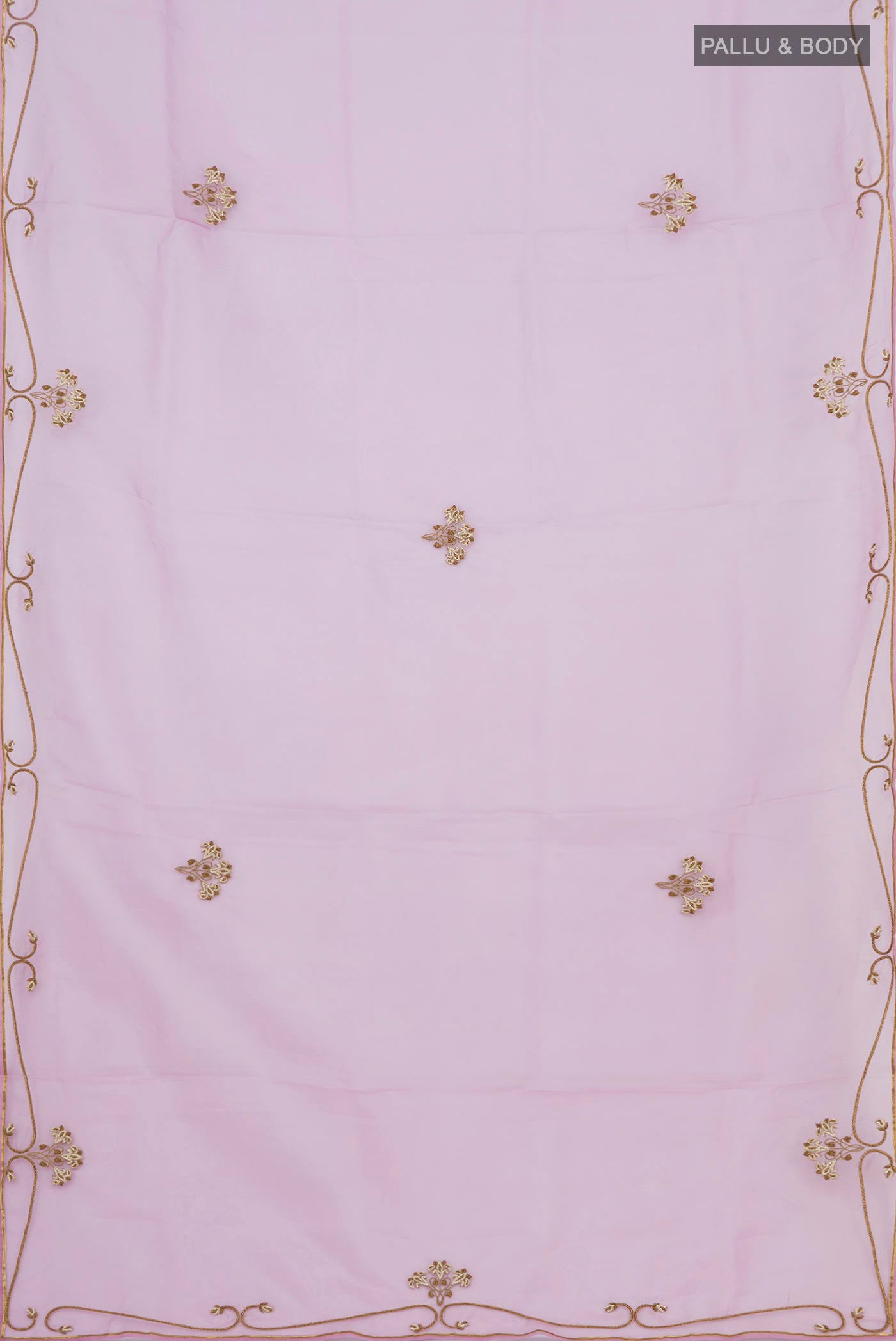 Flat view of Pink Organza Silk Saree with Embroidery on the body and Embroidery Border