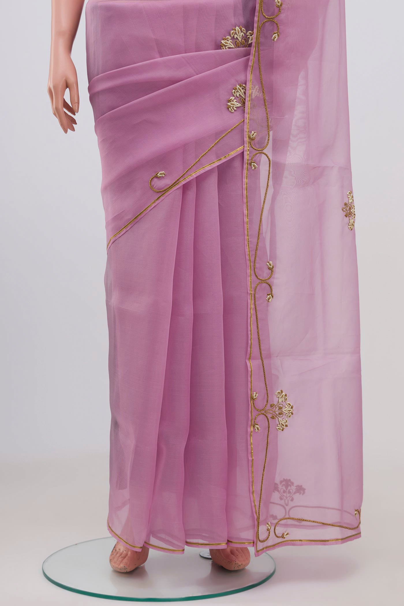 Pleats and pallu of Pink Organza Silk Saree with Embroidery on the body and Embroidery Border