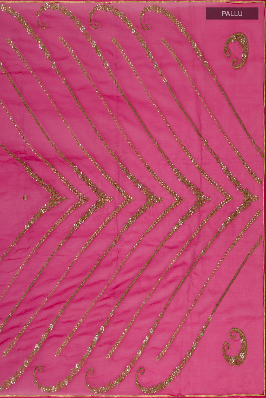 Close up image of the pallu of Pink Organza Silk Saree with Embroidery on the body and Embroidery Border