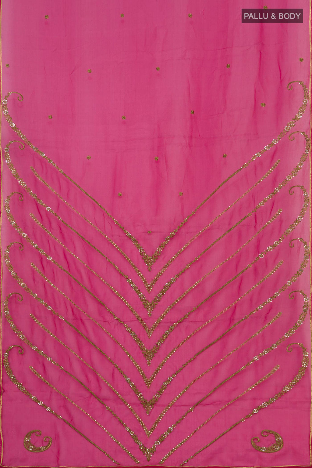 Flat view of Pink Organza Silk Saree with Embroidery on the body and Embroidery Border