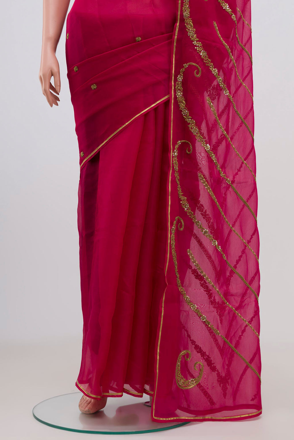 Pleats and pallu of Pink Organza Silk Saree with Embroidery on the body and Embroidery Border