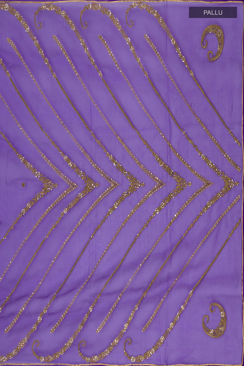 Close up image of the pallu of Violet Organza Silk Saree with Embroidery on the body and Embroidery Border