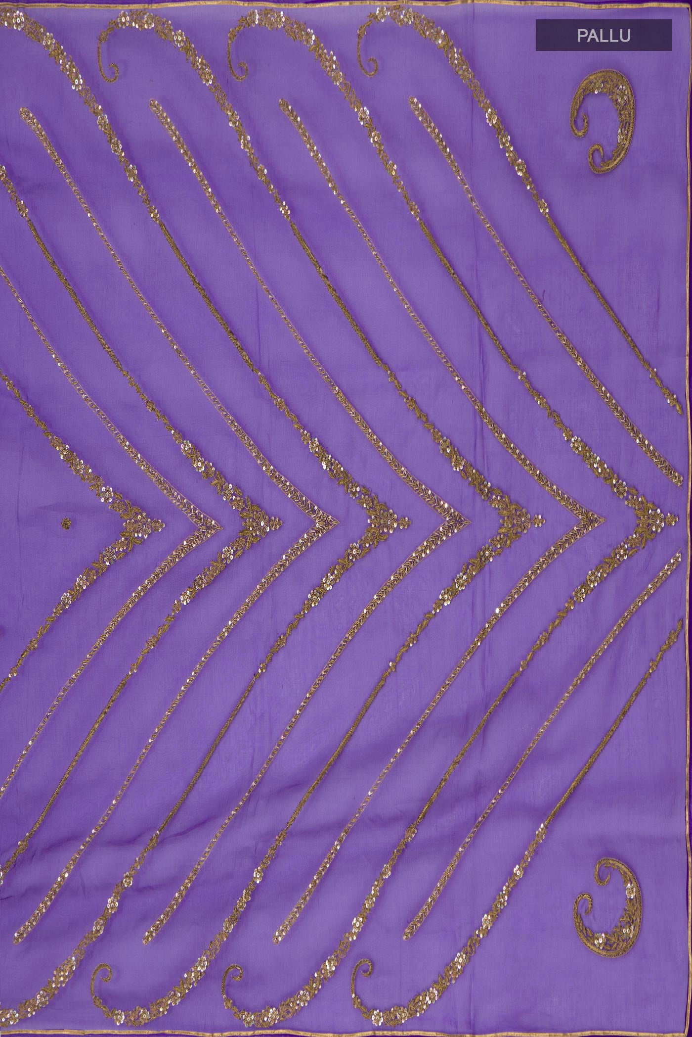 Close up image of the pallu of Violet Organza Silk Saree with Embroidery on the body and Embroidery Border