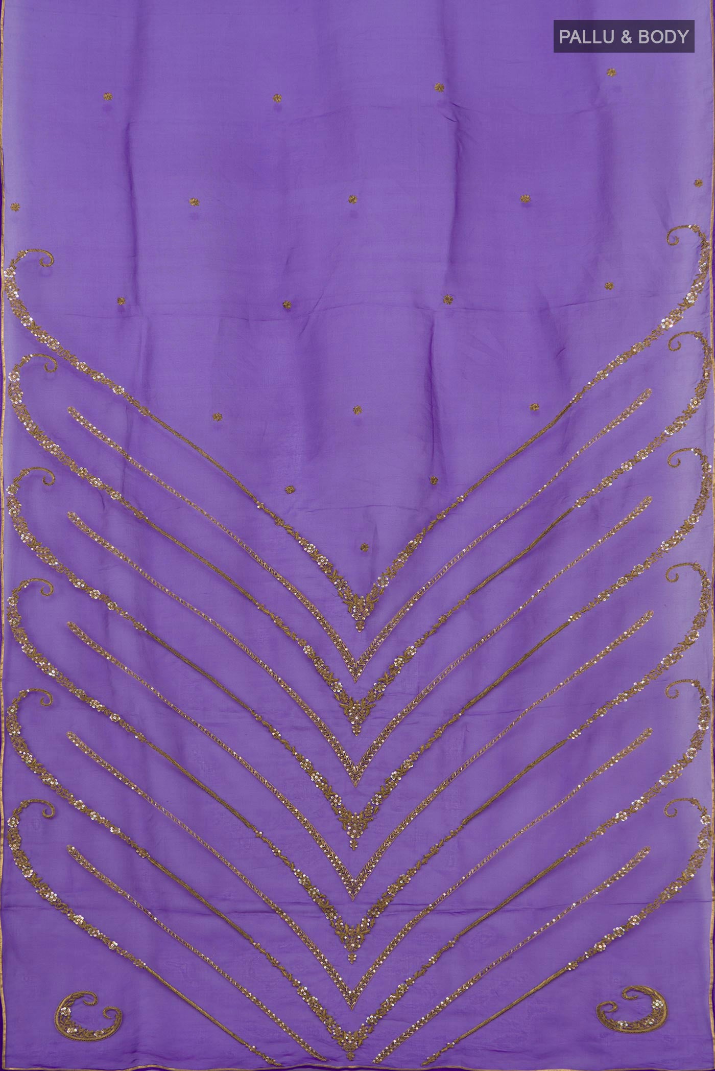 Flat view of Violet Organza Silk Saree with Embroidery on the body and Embroidery Border