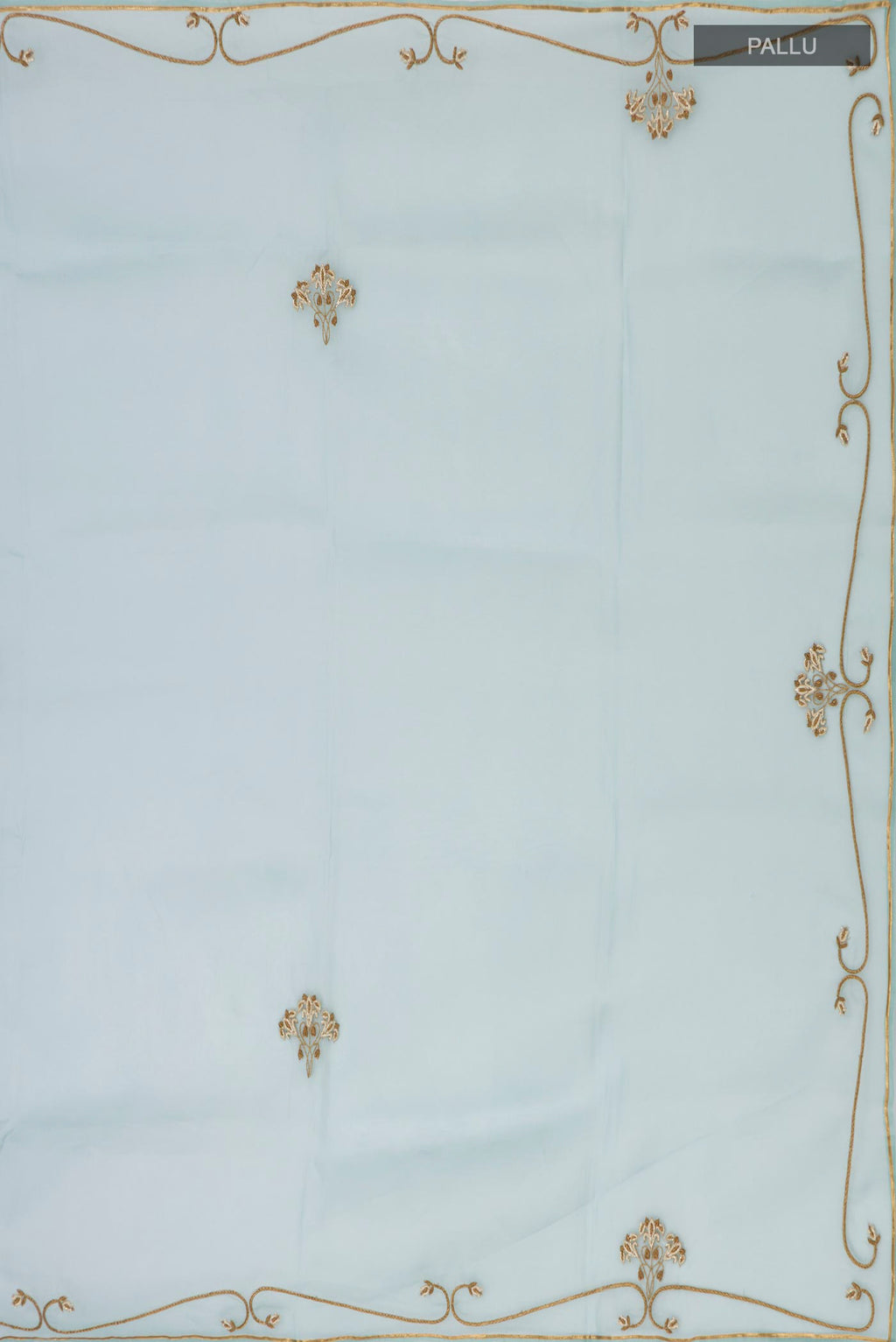 Close up image of the pallu of Green Organza Silk Saree with Embroidery on the body and Embroidery Border