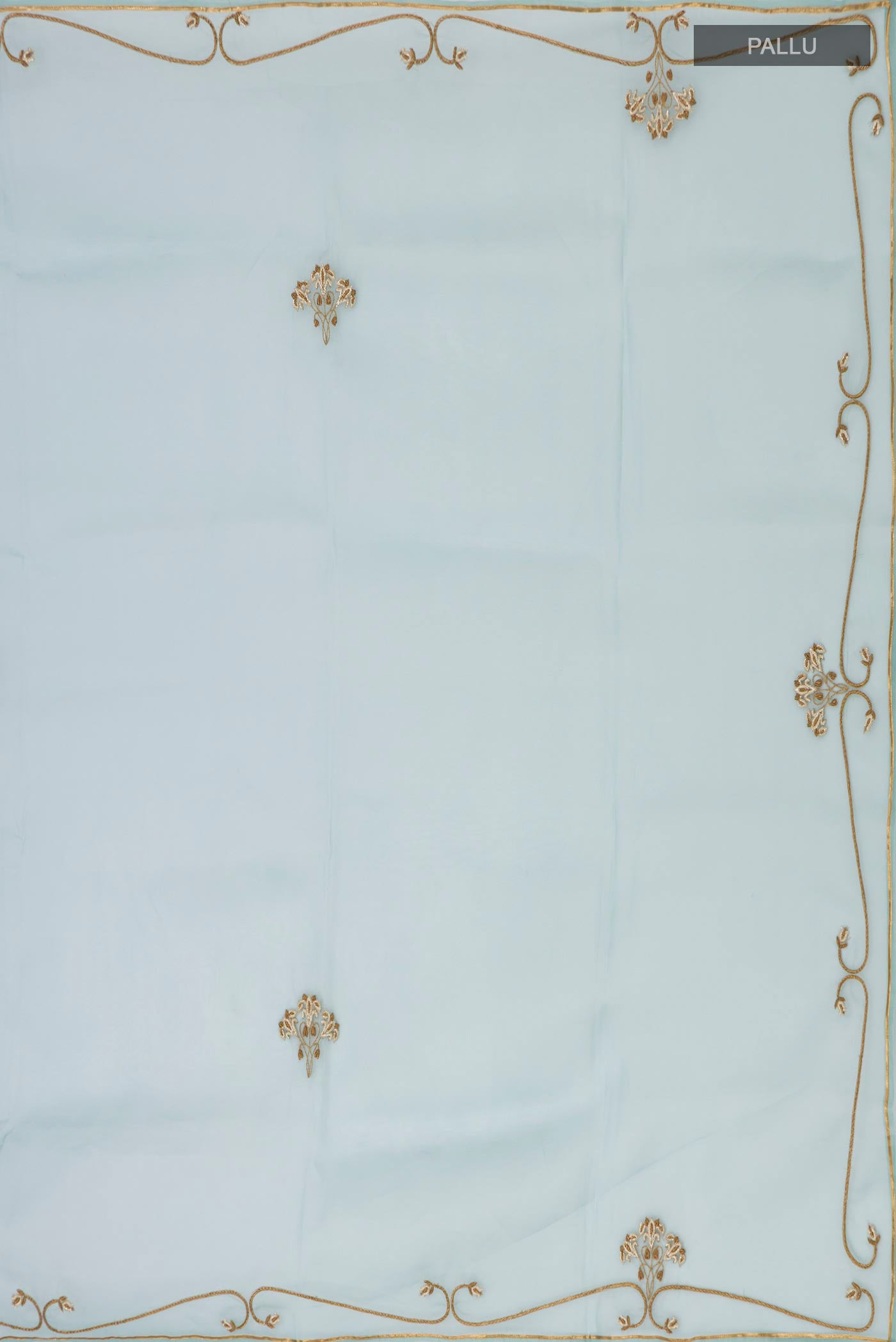 Close up image of the pallu of Green Organza Silk Saree with Embroidery on the body and Embroidery Border