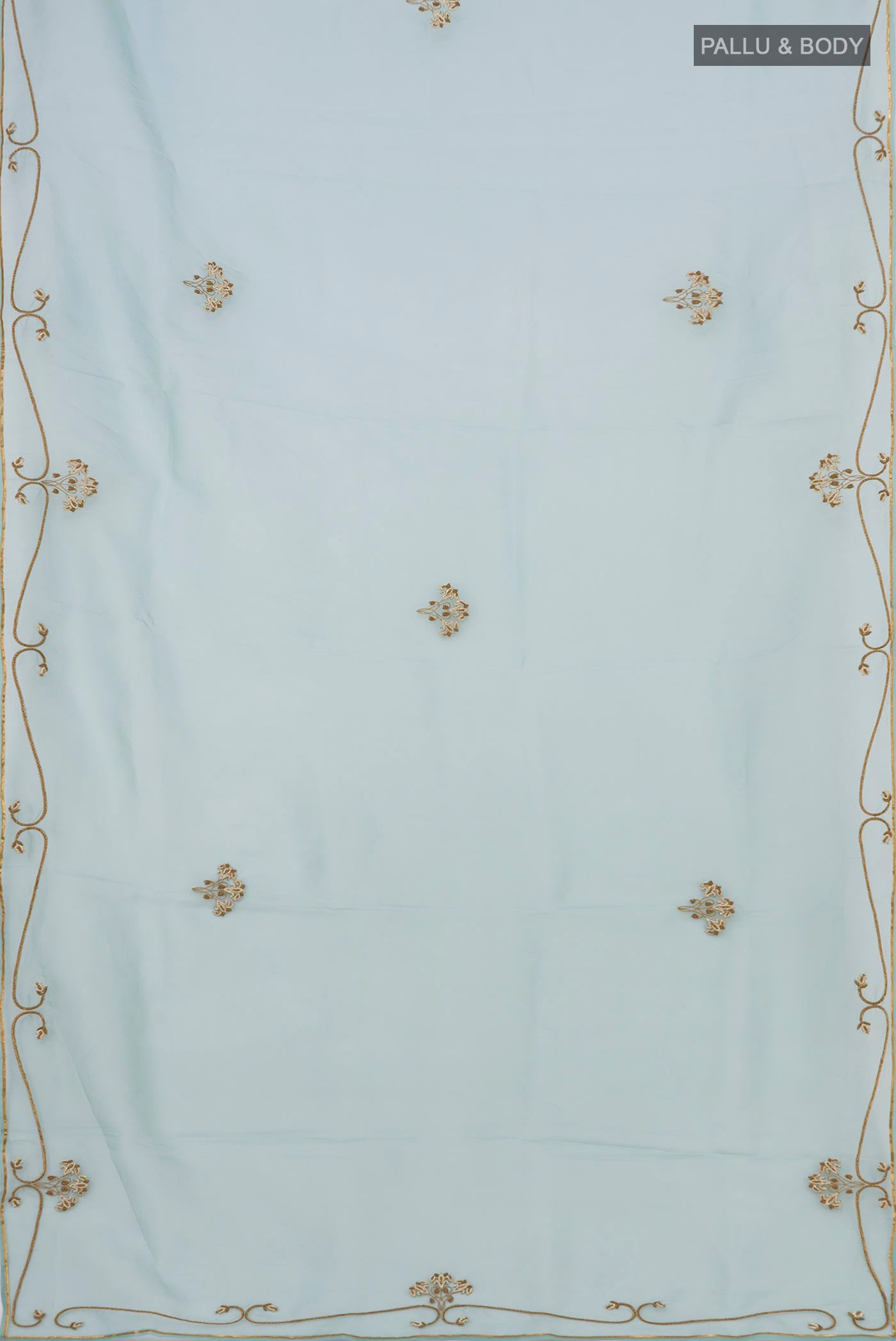 Flat view of Green Organza Silk Saree with Embroidery on the body and Embroidery Border
